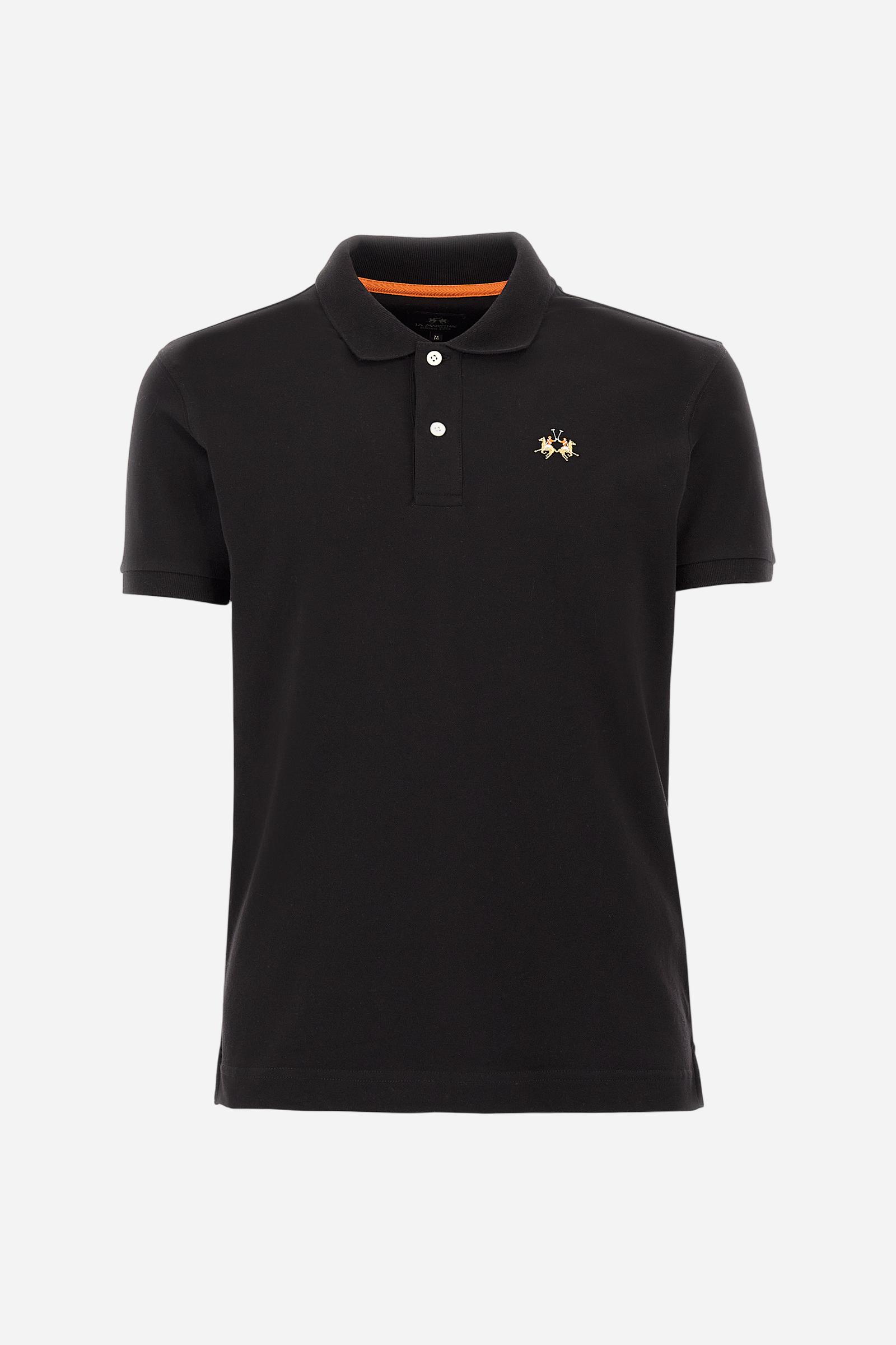 Men's short-sleeved cotton piqué polo shirt. Regular fit with fabric detail under the collar. - Black