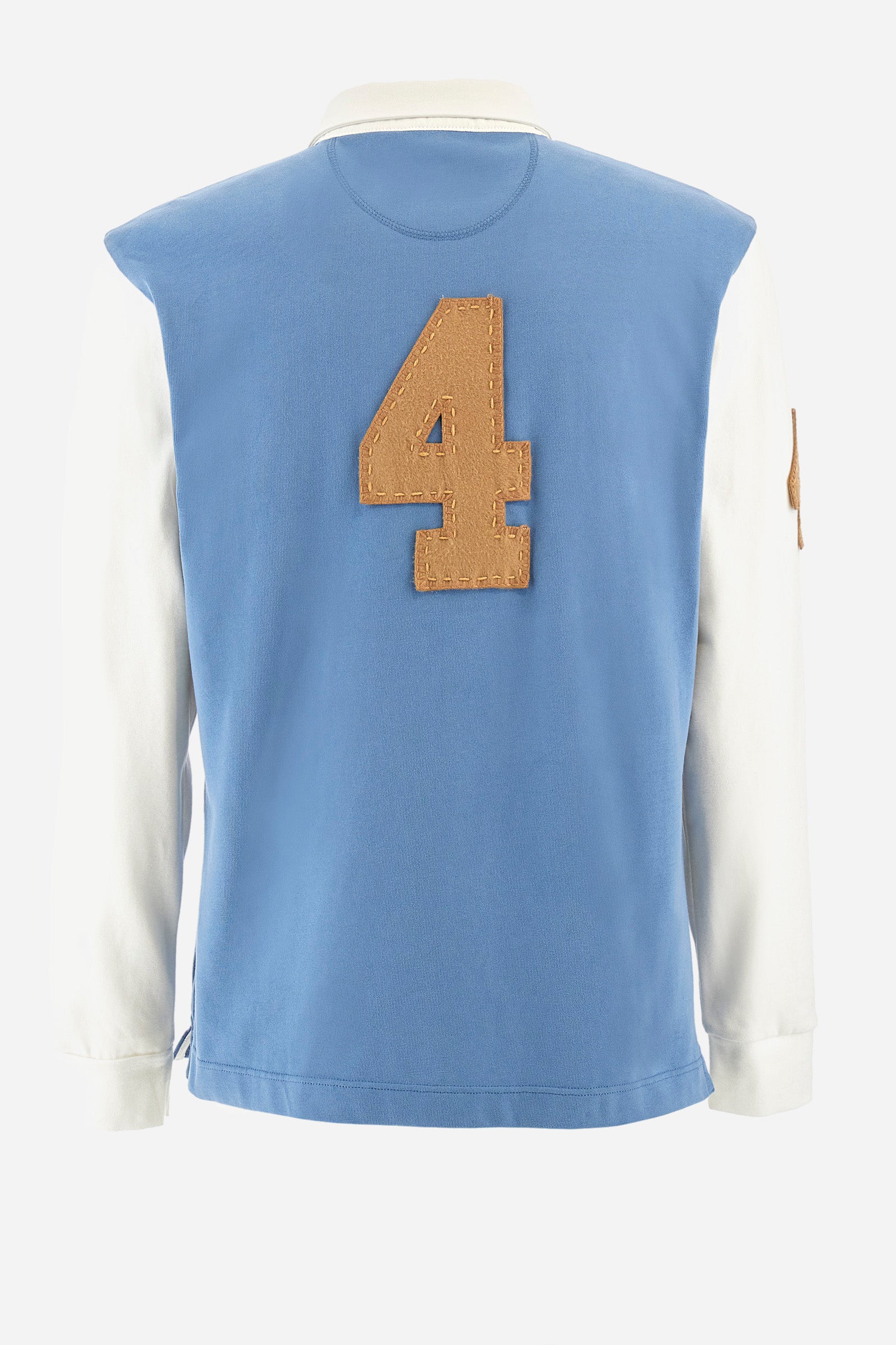 Men's two-tone long-sleeved polo in 100% cotton. Button fastening. Contrasting collar and sleeves. A patch depicting the number 4 is applied on one of the sleeves and on the back. The brand's initials are present on a patch sewn on the front. Regular fit. The model is wearing a size L. - Coronet Blue