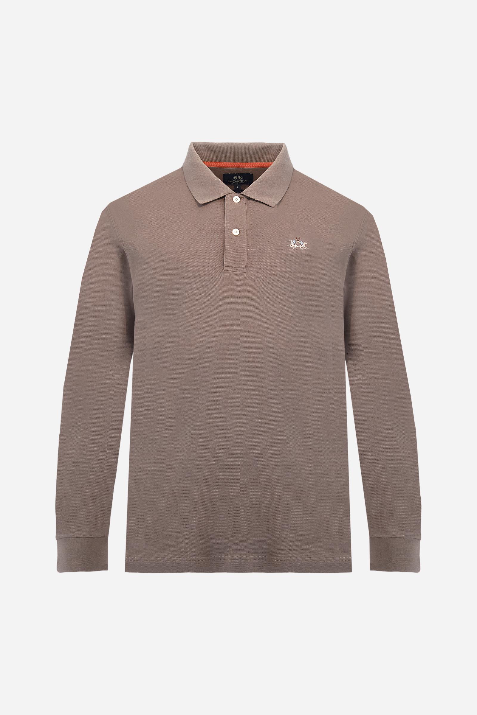 Men’s long-sleeve polo in high-quality stretch cotton piqué for comfort and flexibility. Tone-on-tone ribbed collar with contrast gabardine undercollar embroidered with the brand’s iconic lettering, revealed when the collar is lifted. Contrast embroidered logo on the chest. Slim fit, offering a modern silhouette that enhances the body while ensuring freedom of movement. Model wears size L. - Falcon
