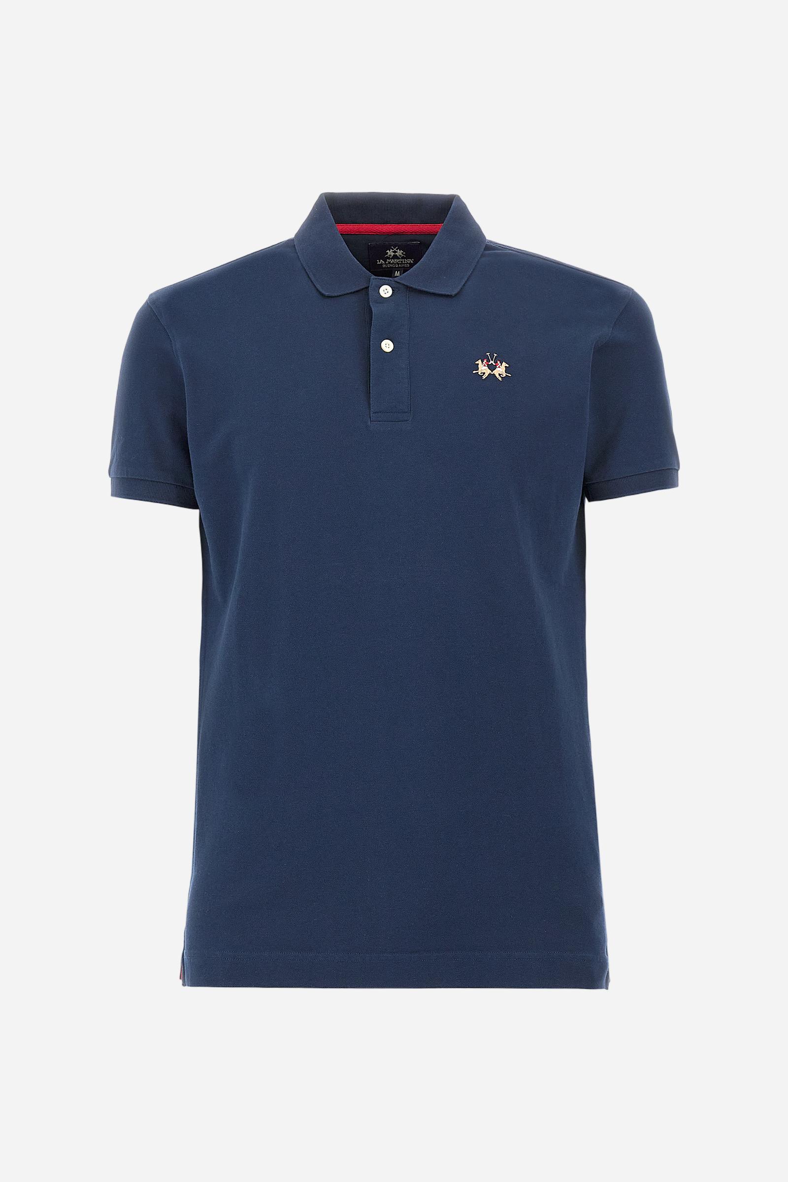 Men's short-sleeved cotton piqué polo shirt. Regular fit with fabric detail under the collar. - Navy
