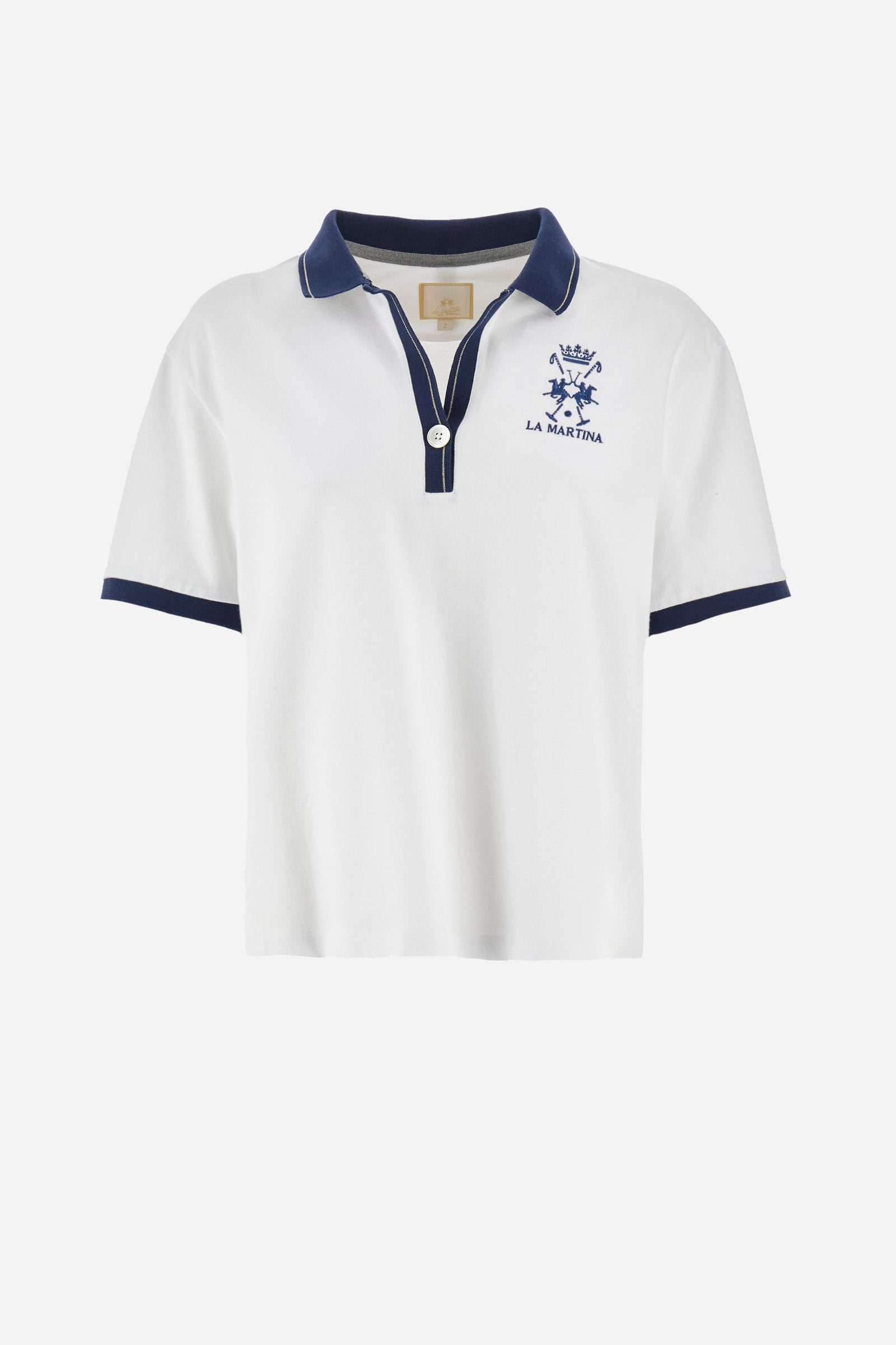 Women’s polo with short sleeves in solid color with contrasting details of the Academy Polo line. Made of stretch cotton. V-neck and armhole hem in contrasting shades. Single button closure. Ribbed neckline, collar and armhole. On the back is sewn the name and logo of the brand. On the back there is a metal plate with the logo applied on a colored strip. The fit is regular. The model wears a size 2. - Optic White
