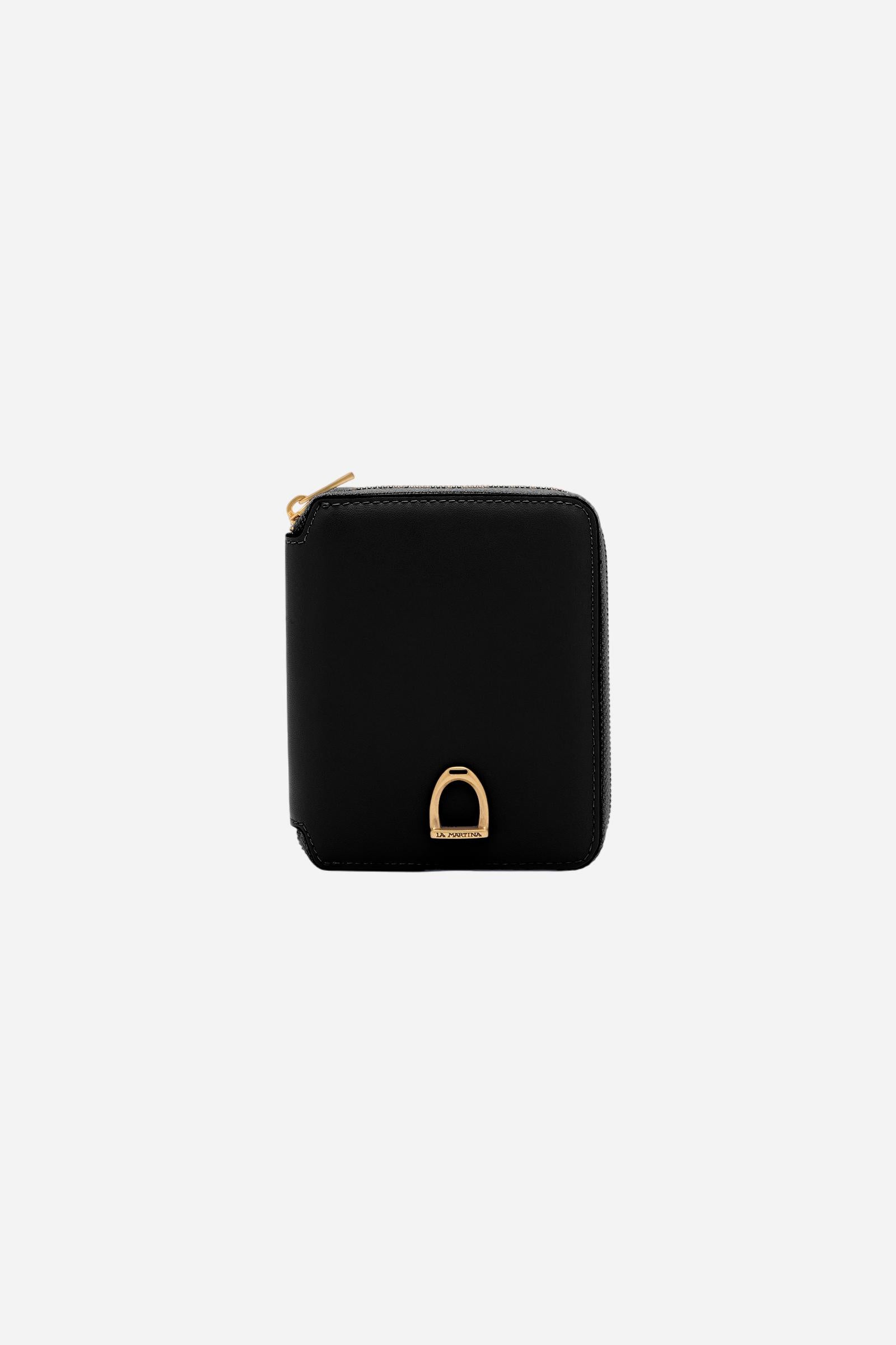 Small zip around wallet in calfskin leather. Compact and practical, with golden zip and branded metal detail. - Black