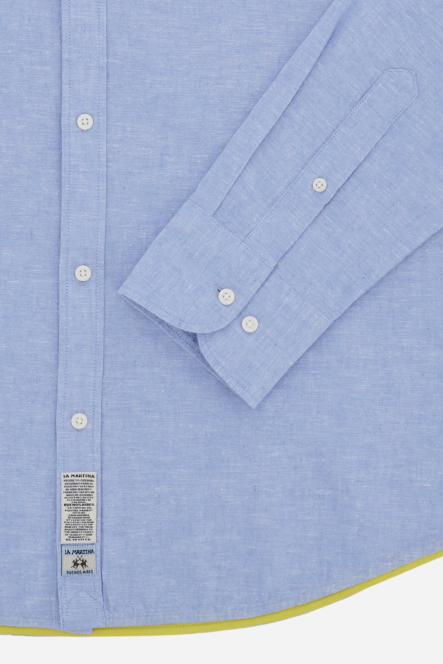 Men’s long-sleeve cotton and linen shirt. Regular fit with strong graphic identity, featuring prints and embroidery inspired by the Polo Team Argentina. - Cornflower blue
