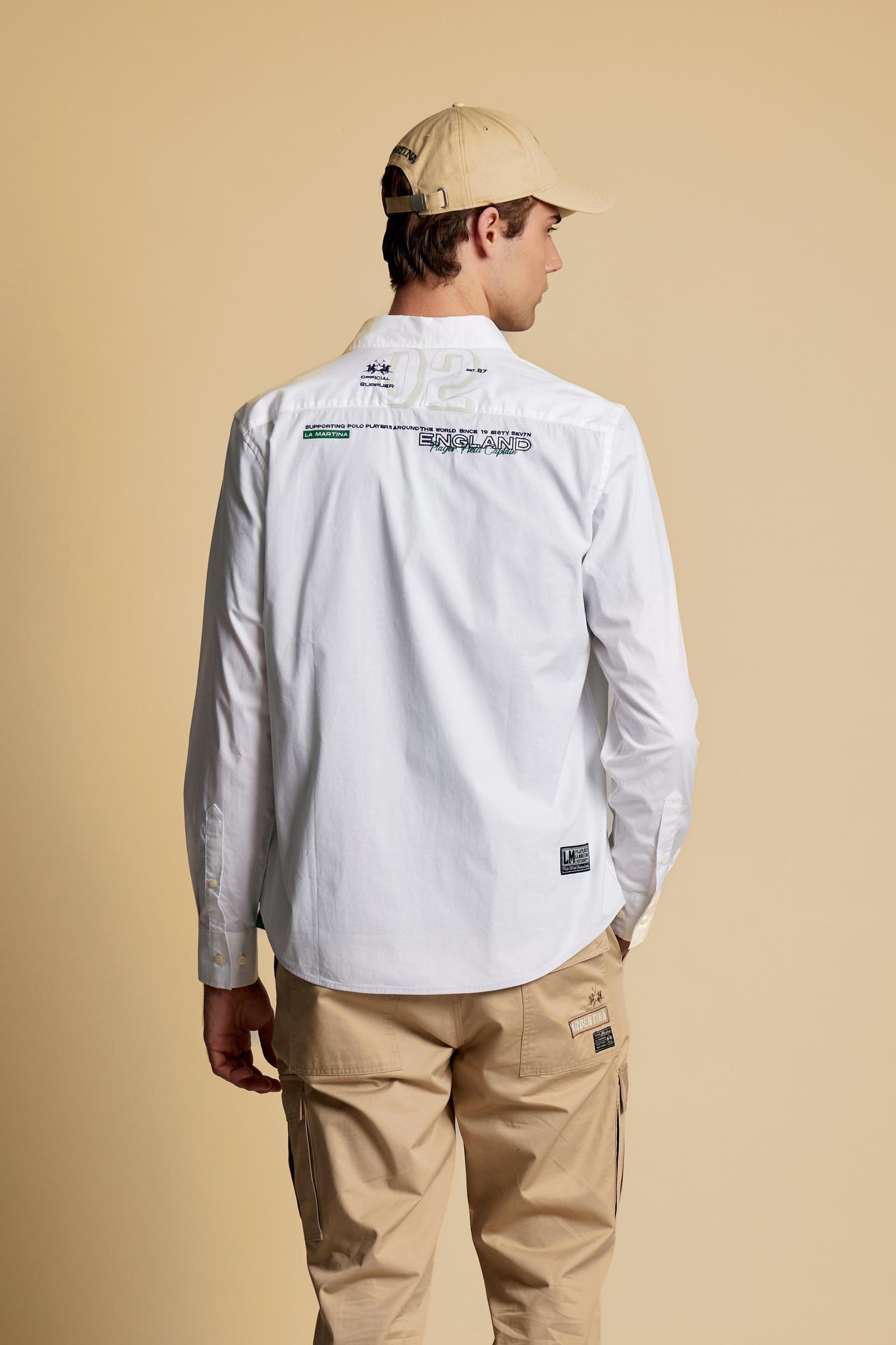 Men’s long-sleeve shirt in stretch cotton poplin with a classic collar, adjustable cuffs, front graphics, and maxi logo on the back for a stylish look. - Optic White