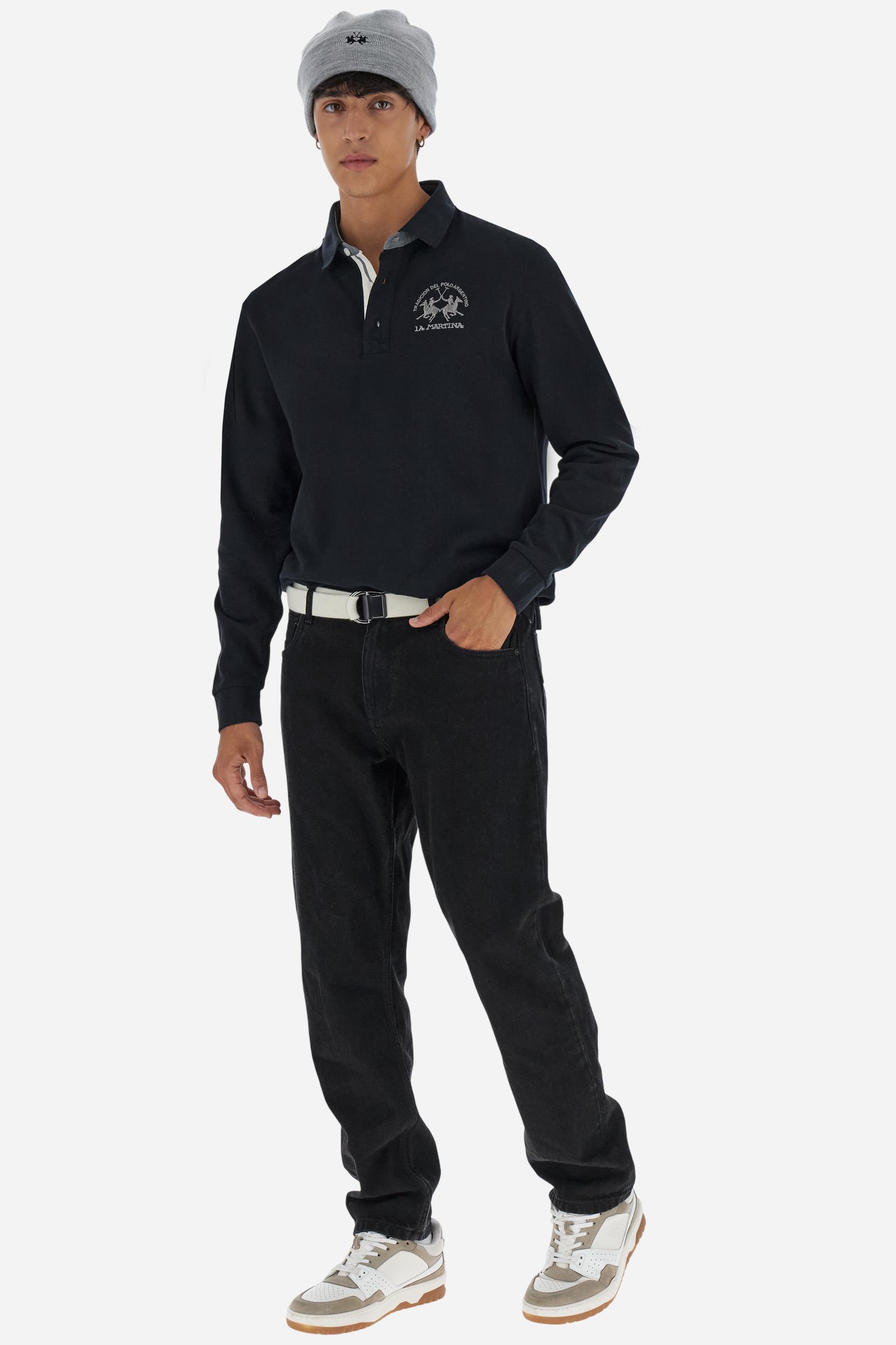 Men’s long-sleeve polo in premium soft-touch cotton jersey for a luxurious feel on the skin. Contrast gabardine details on the collar. Upper collar in tone-on-tone ribbing with printed La Martina lettering undercollar. Three customized buttons, enhanced by a multicolor striped tape on the placket. Contrast embroidered team logo on the chest. Regular fit. Model wears size L. - Black