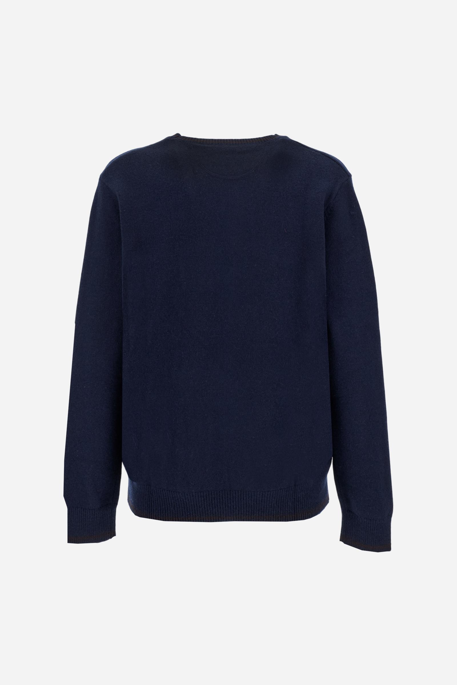 Men’s crew-neck sweater in lambswool blend, comfortable fit with patches and iconic brand lettering. - Navy