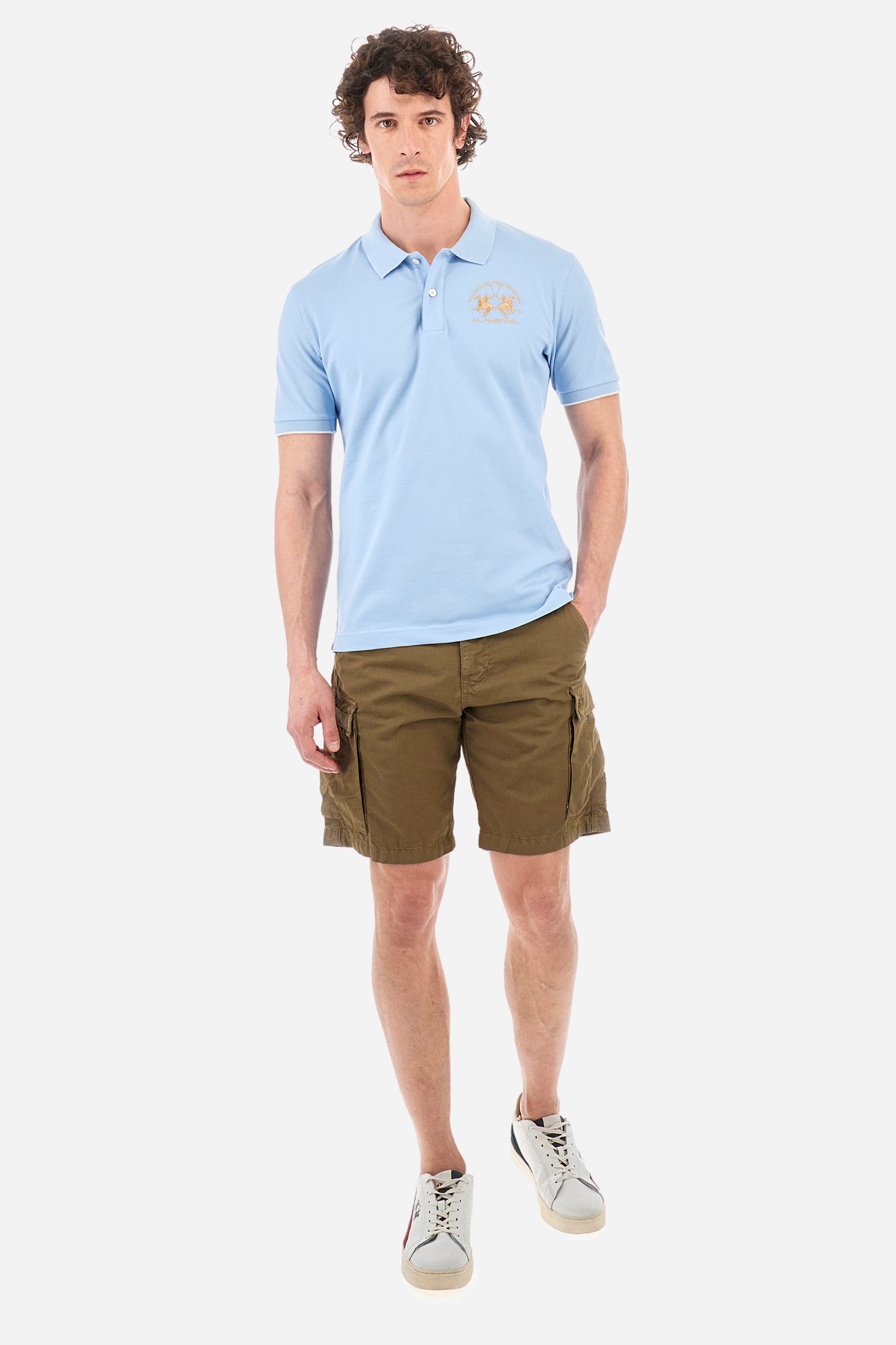 Men's short-sleeved, regular-fit polo shirt. A classic model with a contrasting La Martina logo-embellished chest and profiled sleeve trims. Perfect when worn with a pair of jeans from the collection. - Blue Bell