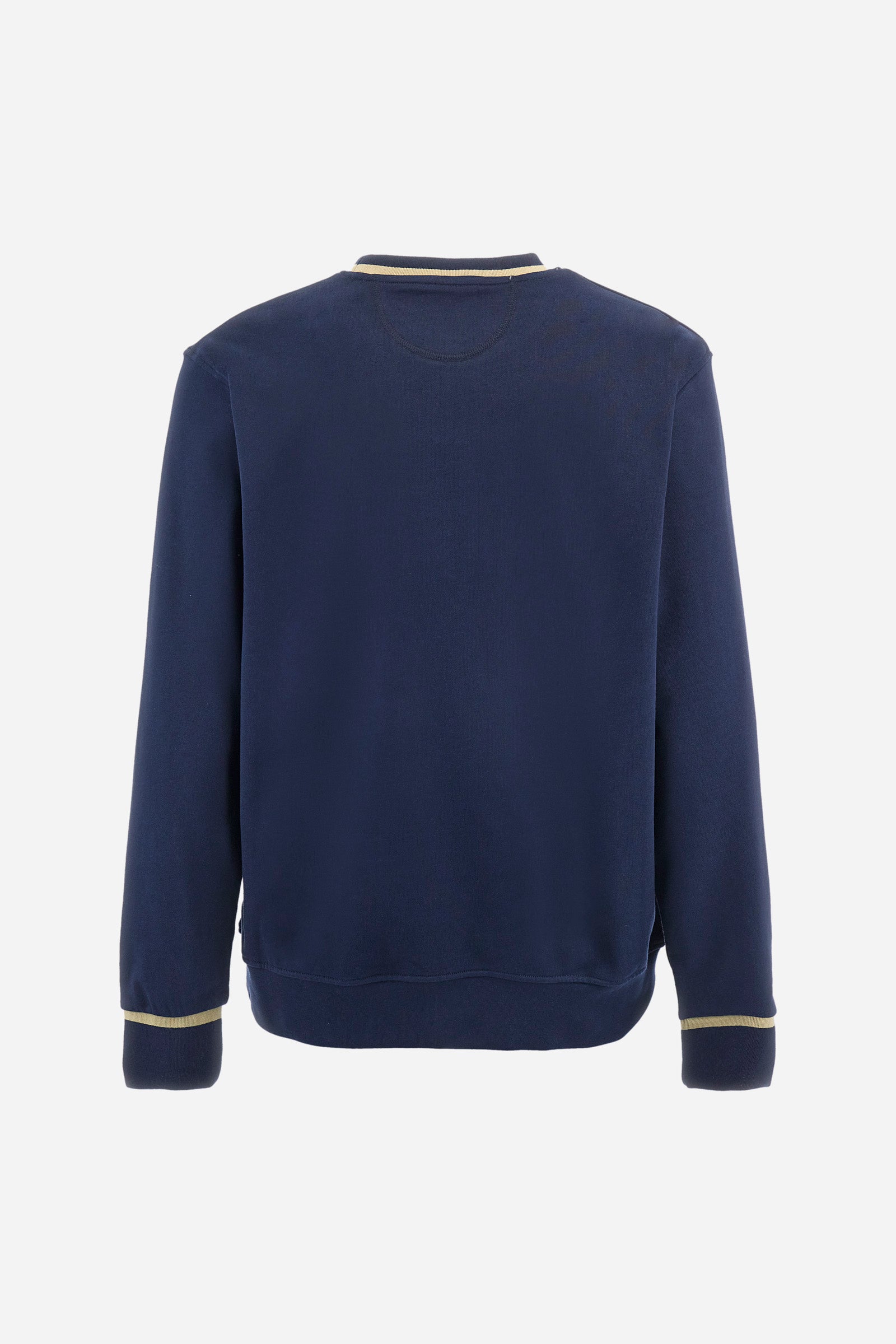Men's crew-neck sweatshirt with long sleeves, single colour. Made in French terry cotton. The collar and cuffs are ribbed with a contrasting trim, while the waistband is also ribbed but in a matching colour. The large embroidery on the chest combines classic techniques, with workmanship that recalls a handmade spirit, together with the logo and initials of the brand. Regular fit. The model is wearing a size L. - Navy