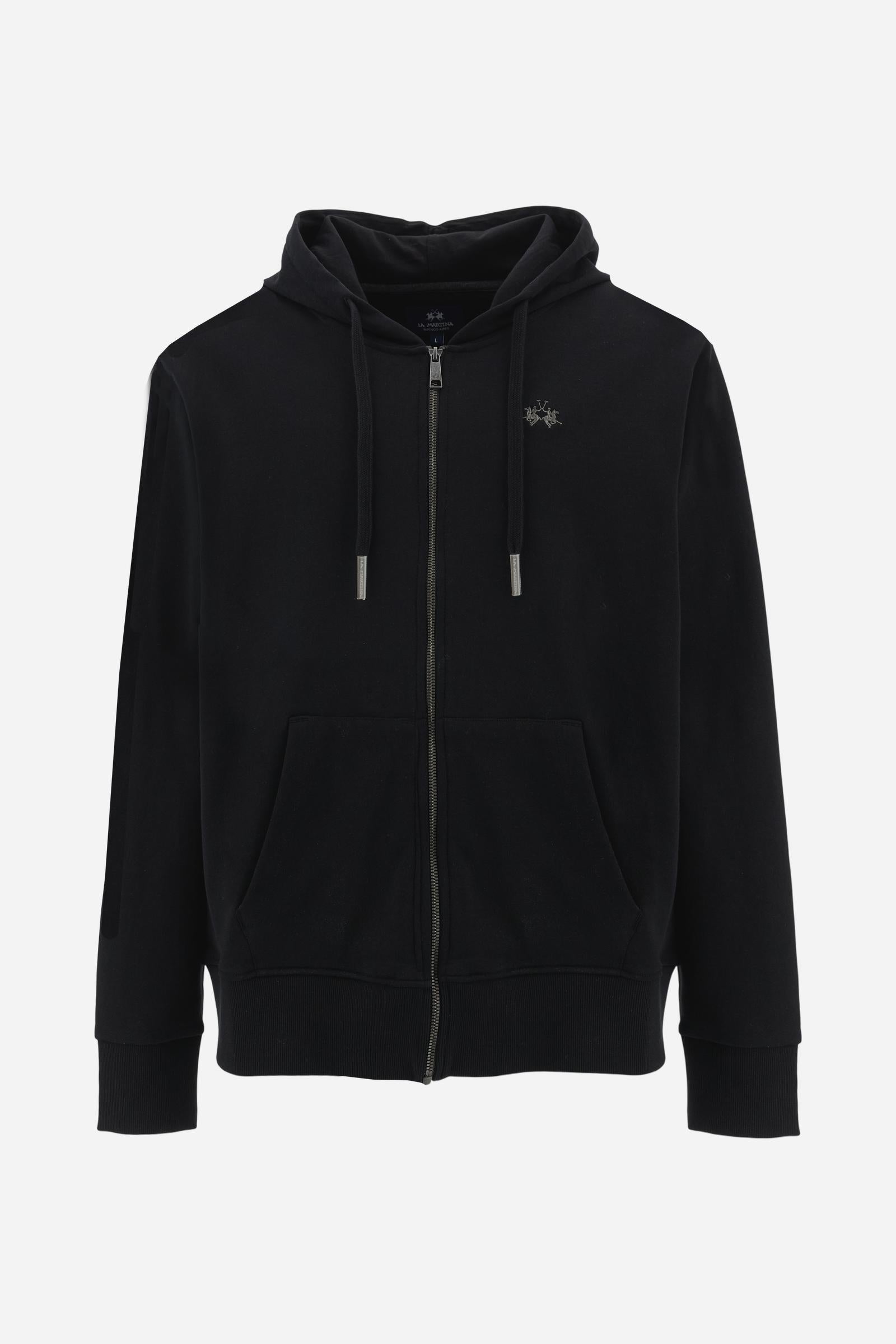Hooded sweatshirt in lightweight unbrushed cotton with front zip and adjustable drawstring hood with metal tips. Kangaroo pockets and ribbed trims. Relaxed regular fit with contrast embroidered logo on the chest. - Black