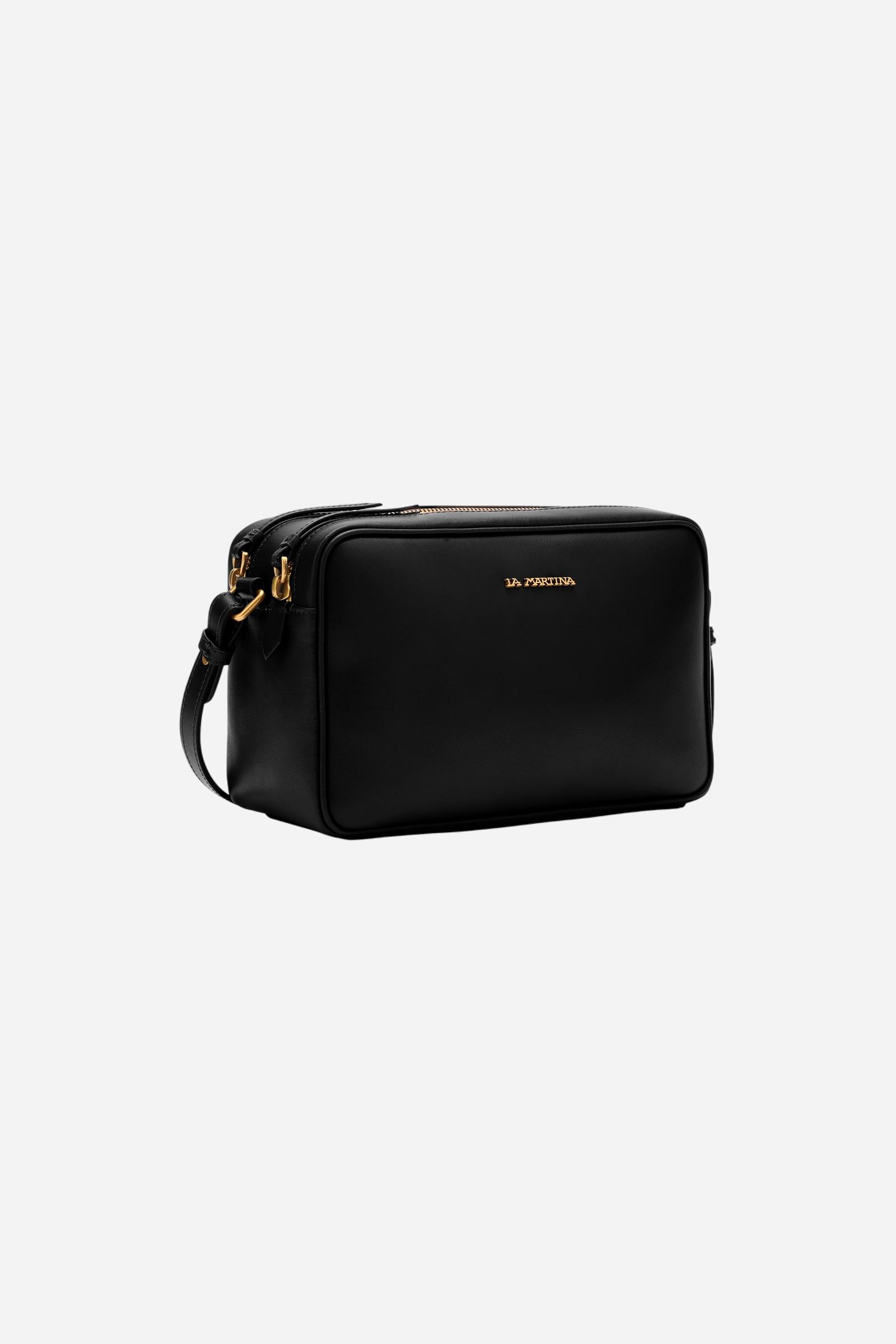 Rectangular crossbody bag in super soft calfskin leather. Essential model with double top zip and golden front tag. - Black