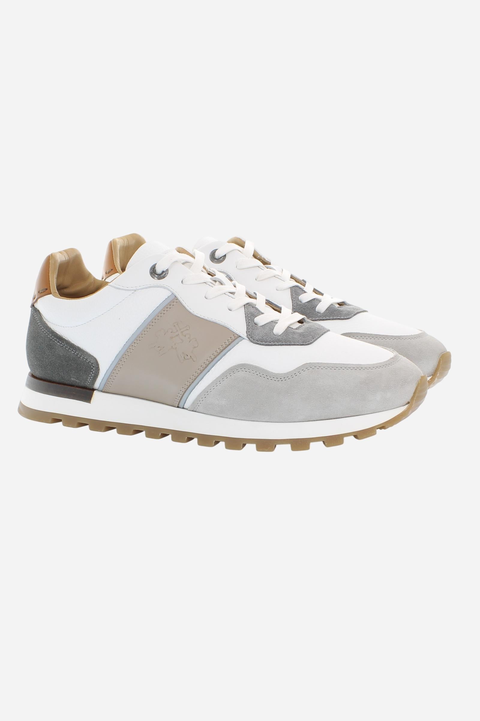 Handcrafted sneakers in calfskin and suede, hand-aged. Iconic hot-branded details and a technical sole with leather heel for a stable and comfortable fit. - Grey/White