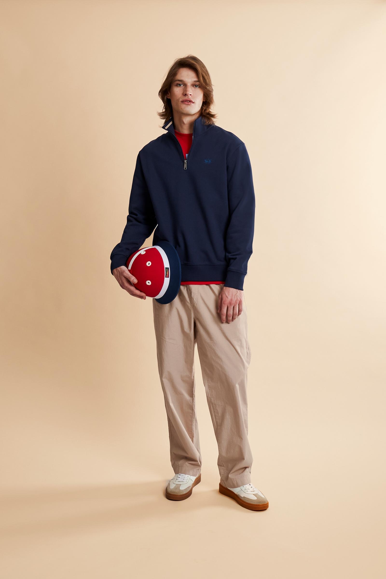 Men’s French Terry sweatshirt with half zip at the neck, regular fit, ribbed details and embroidered logo on the chest. - Navy