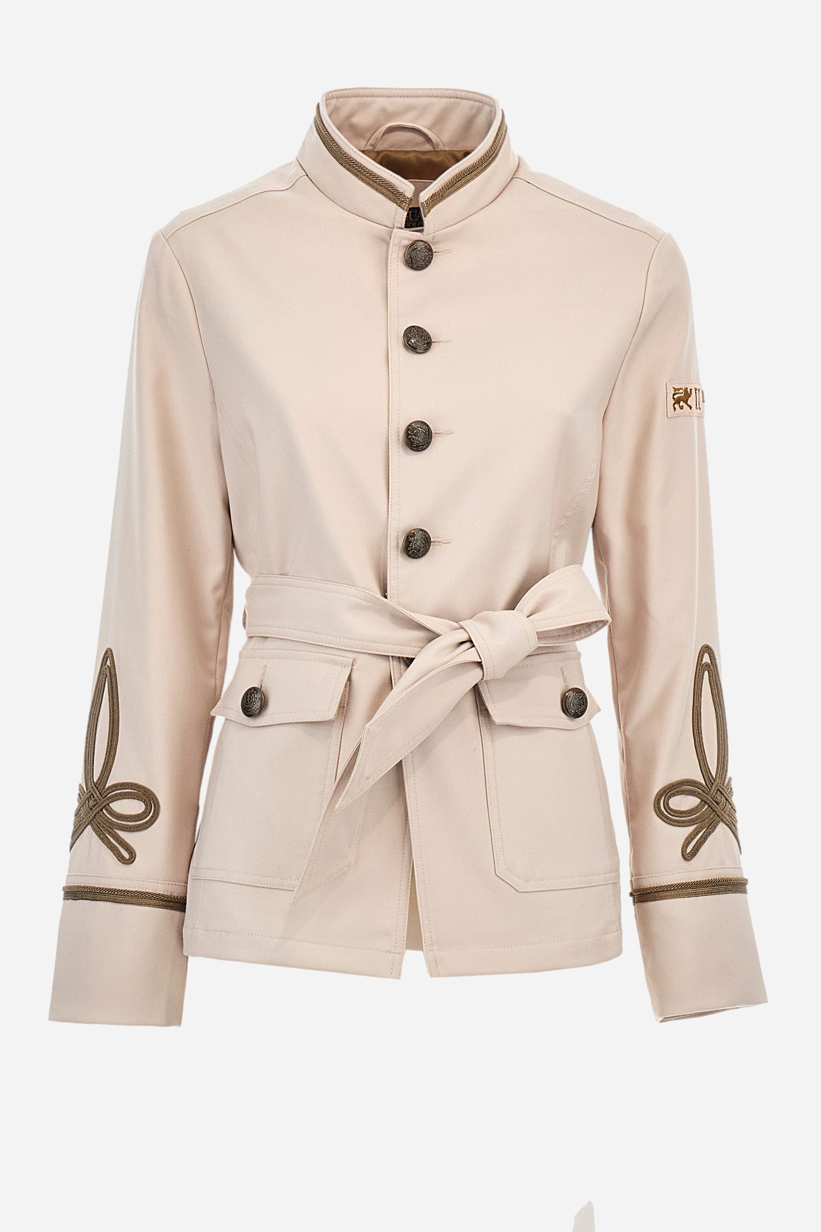 Women's long-sleeved Guards jacket, made from plain synthetic fabric. High neck. Button fastening. Decorations representing the Royal Guards line appear on the sleeves. Double pocket on the front, fastened with buttons. Belt loops at the waist. Regular fit. The model is wearing a size 42. - White Pepper