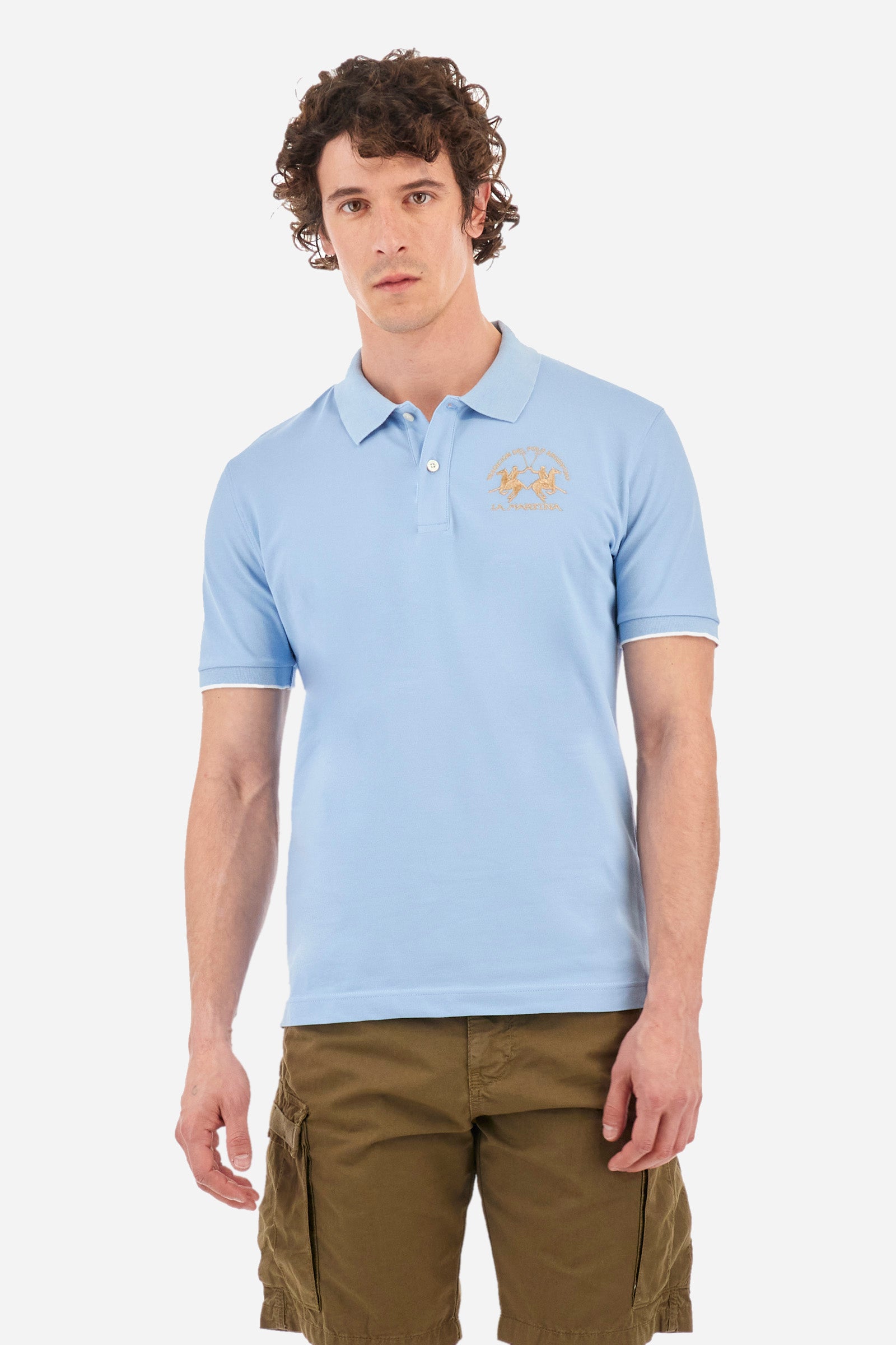 Men's short-sleeved, regular-fit polo shirt. A classic model with a contrasting La Martina logo-embellished chest and profiled sleeve trims. Perfect when worn with a pair of jeans from the collection. - Blue Bell