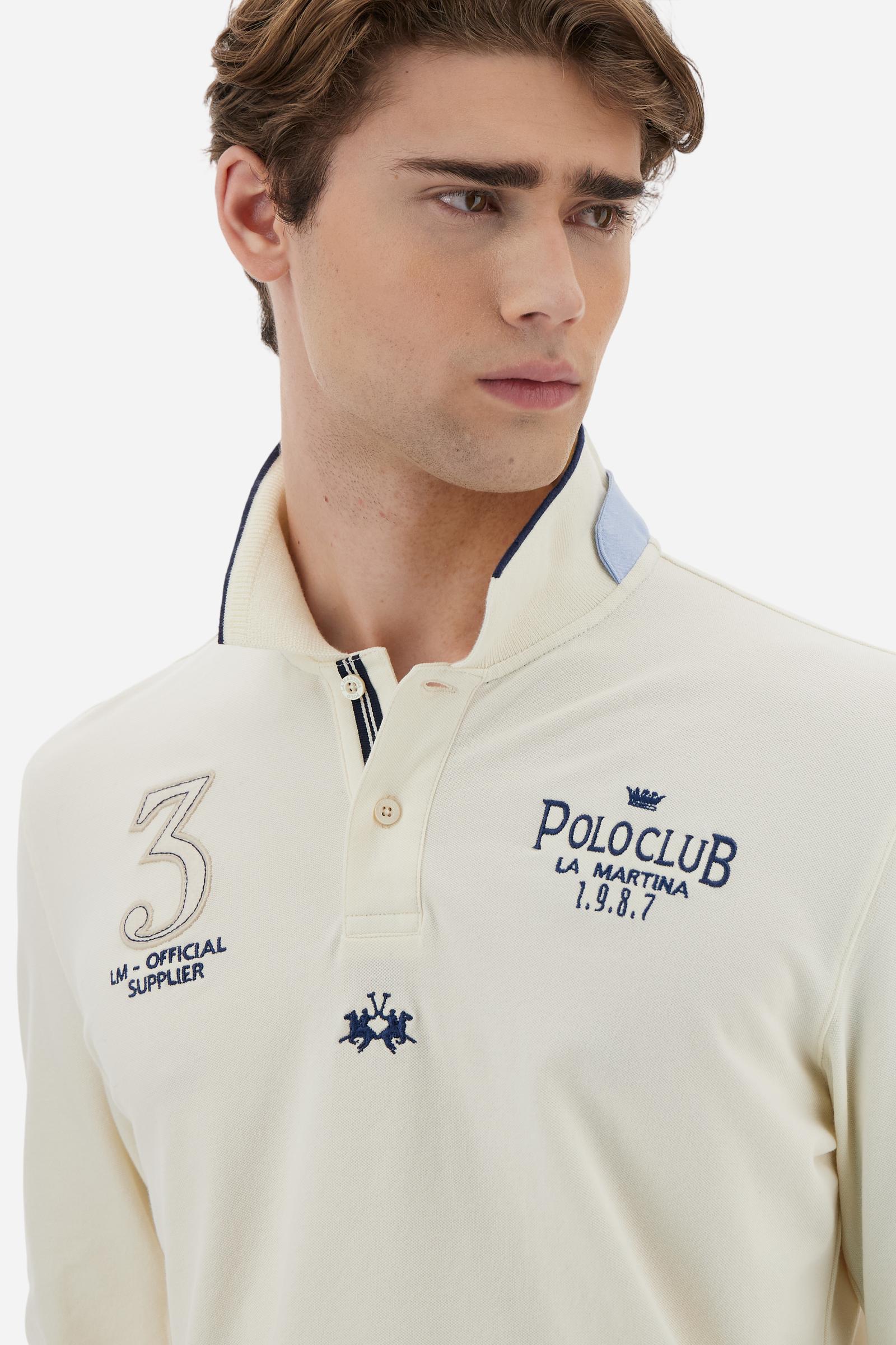 Men’s long-sleeve polo in stretch piqué. Ribbed collar and cuffs with striped contrast details. Regular fit with Polo Club graphic embroidered on the chest. - Pristine