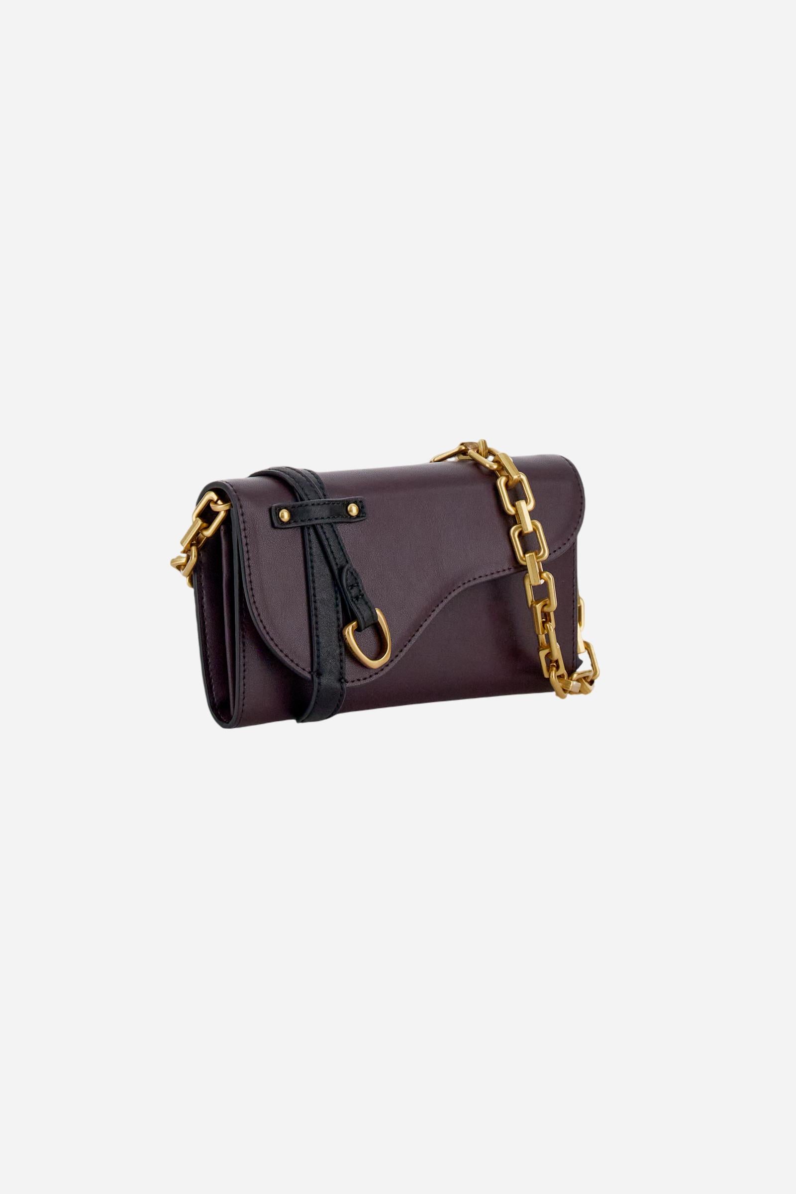 Leather chain wallet in soft calfskin with shaped flap and contrasting leather details. Decorated with a small golden buckle and engraved logo. - WINE/BLACK