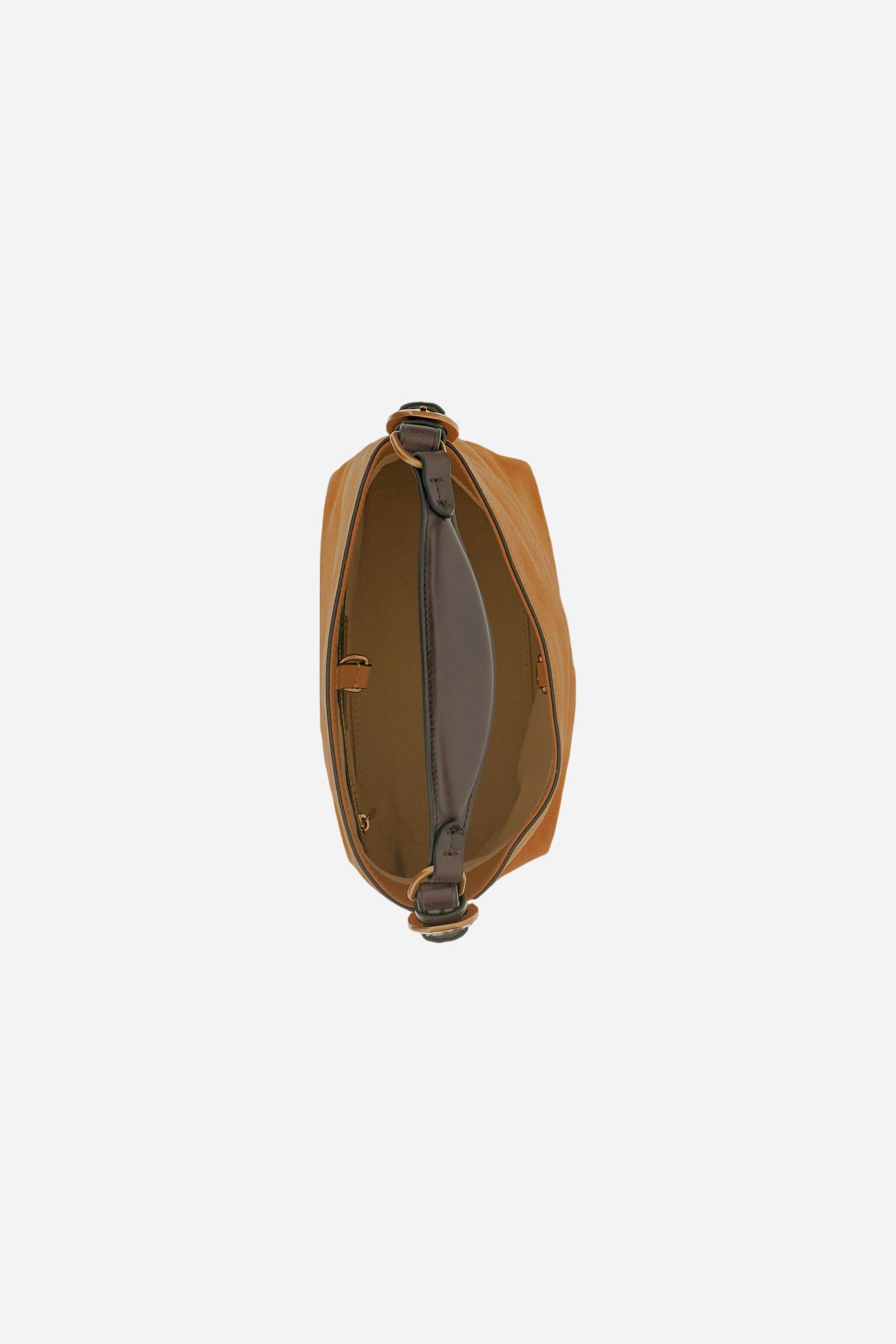 Compact rectangular suede tote bag with structured handle and leather strap. Finished with gold-tone metal accents. - HONEY/DARK CHOCOLATE