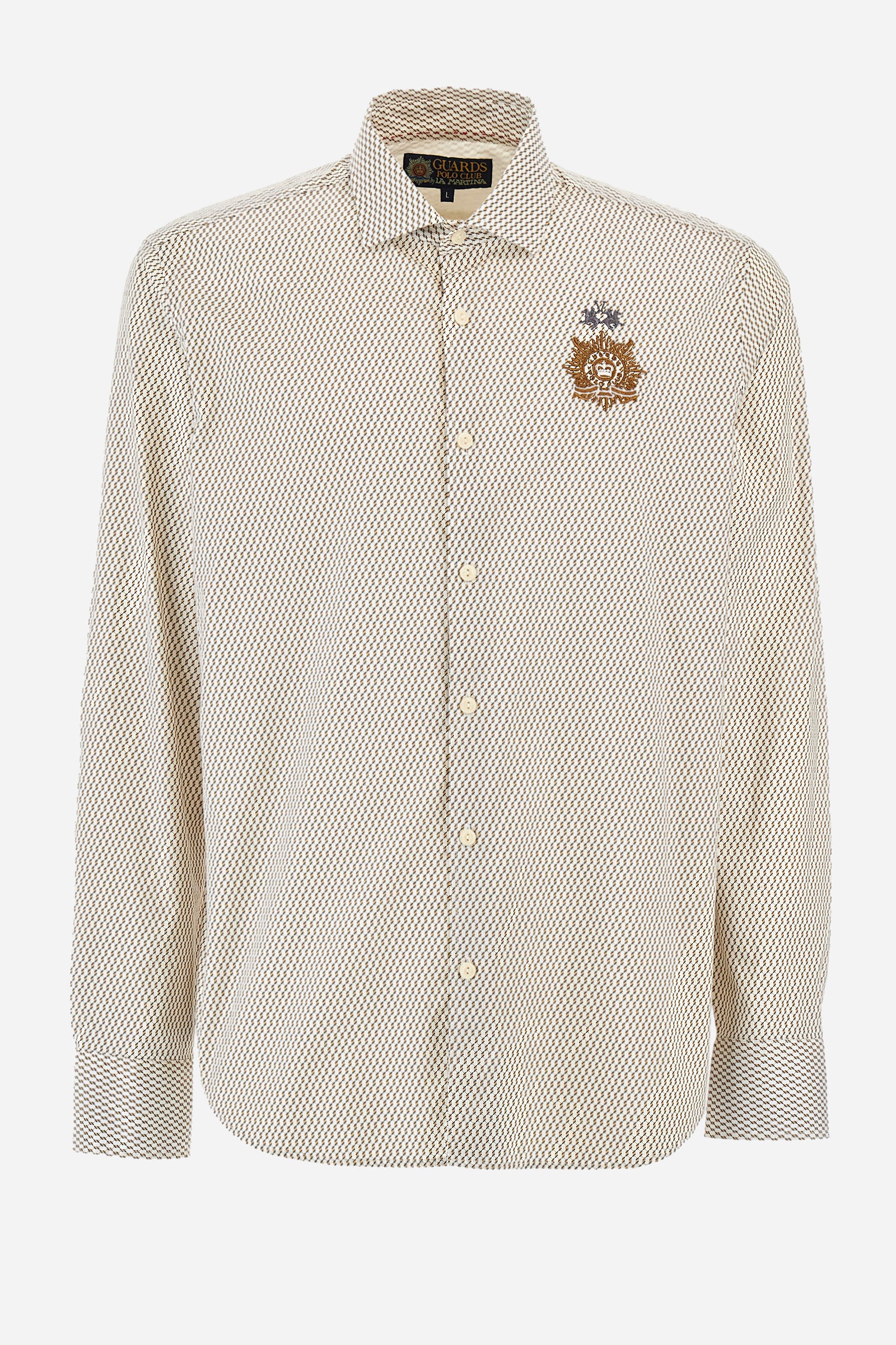 Men's patterned long-sleeved shirt in 100% cotton. Pointed collar. With buttoned cuffs. A small logo and the Guards line symbol are embroidered on the front. The fit is regular. The model wears a size L. - White/Gold/Navy