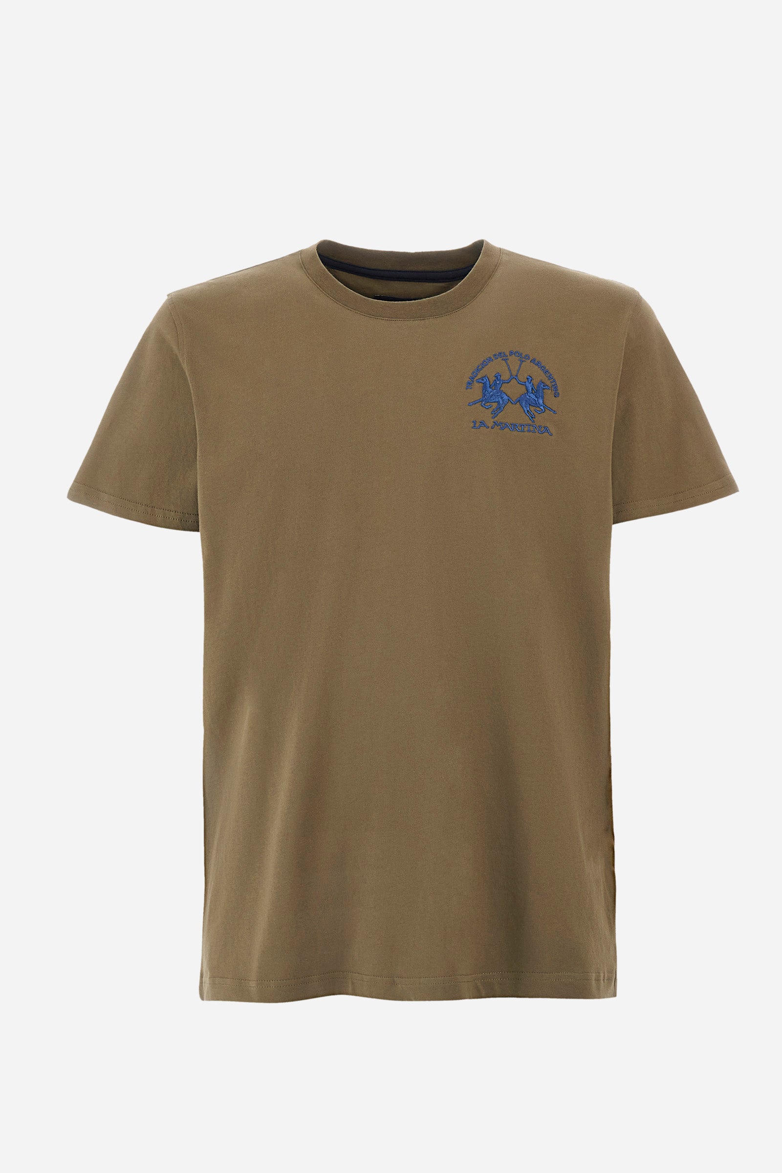 Men's short-sleeved T-shirt with a crew neck in a single colour. Made of 100% cotton. A large logo and the lettering "La Martina" are embroidered in contrast on the front. Regular fit. The model wears a size L. - Military Olive