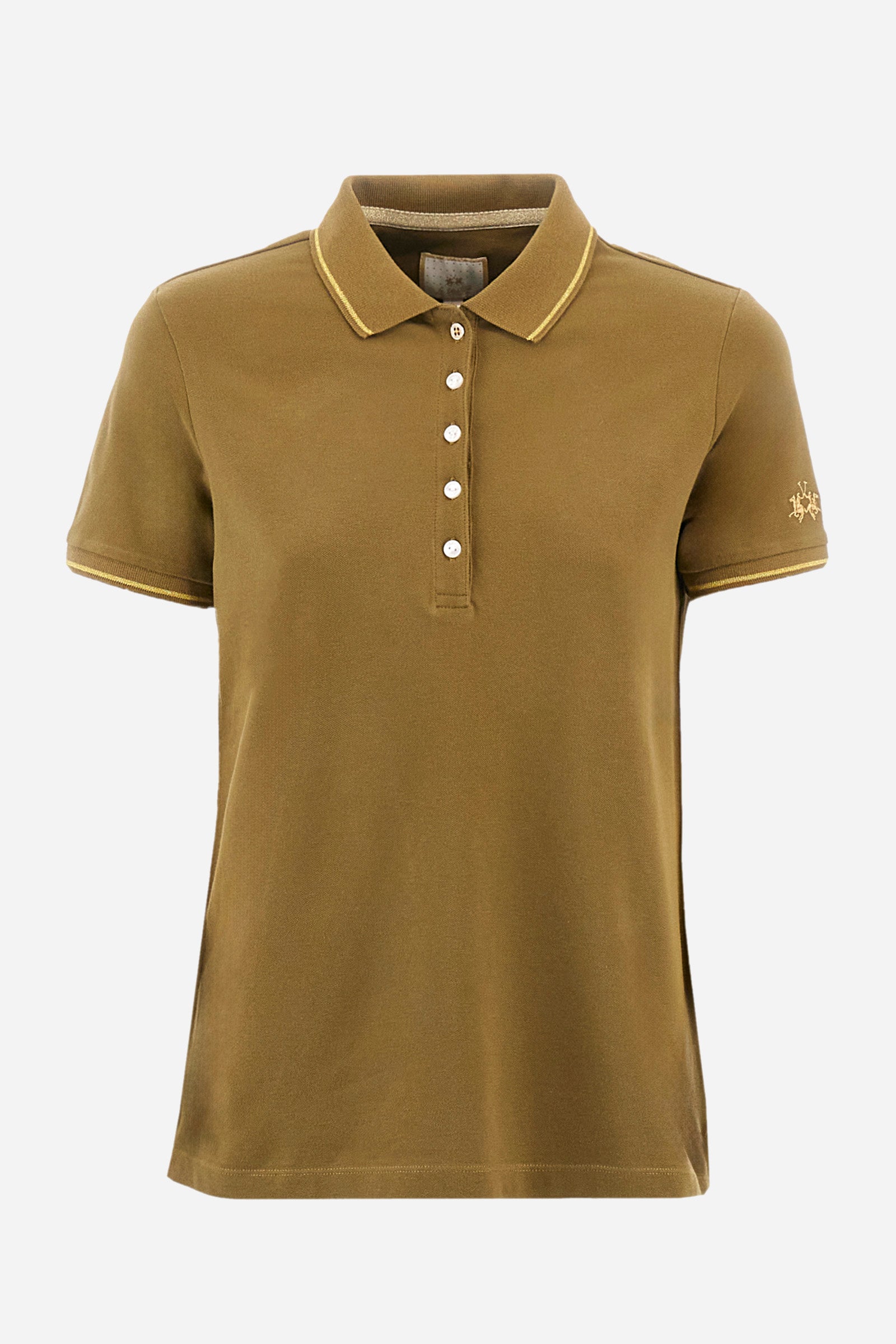 Women’s polo with short sleeves in solid color, made of stretch cotton. 5-button closure. Collar and crew sleeves profiled and ribbed. Side slits. Under the collar there is the inscription "La Martina". The logo is embroidered on a sleeve and embellished with the application of some rhinestones. The fit is regular. The model wears a size 2. - Military Olive