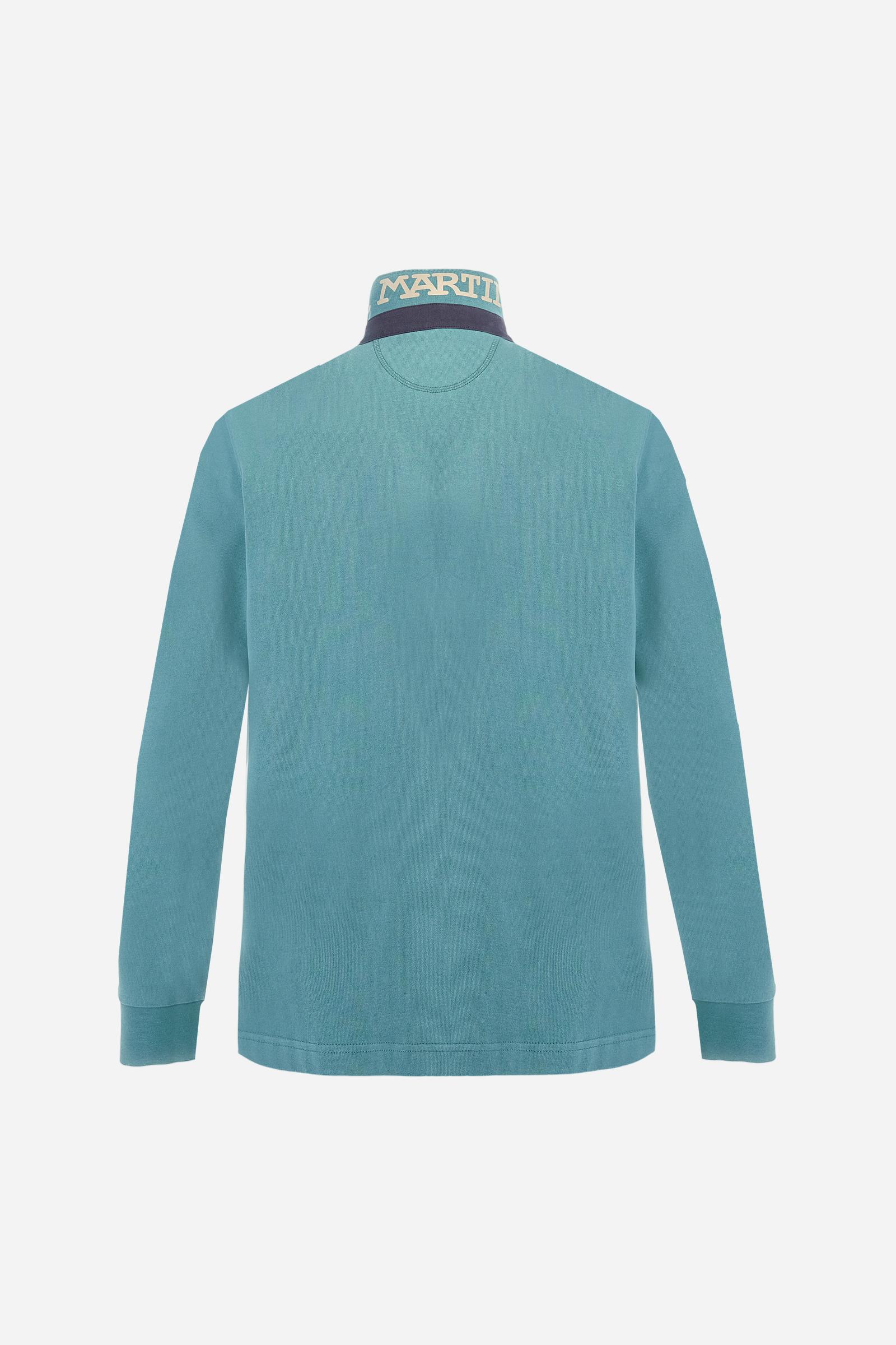 Men’s long-sleeve polo in premium soft-touch cotton jersey for a luxurious feel on the skin. Contrast gabardine details on the collar. Upper collar in tone-on-tone ribbing with printed La Martina lettering undercollar. Three customized buttons, enhanced by a multicolor striped tape on the placket. Contrast embroidered team logo on the chest. Regular fit. Model wears size L. - Sagebrush Green