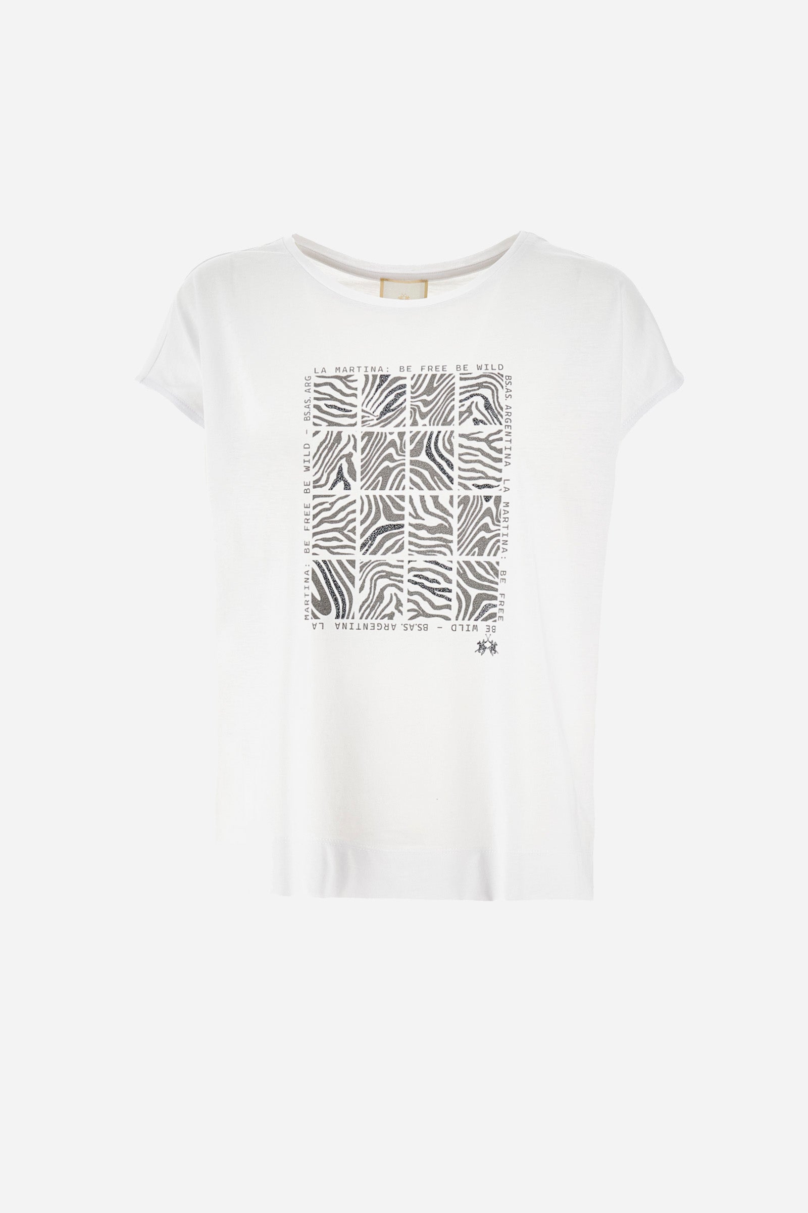 Single-colour short-sleeved T-shirt with a crew neck for women, made of 100% cotton. On the front there is a geometric print with an animal print and some lettering. A small logo is printed on the front. The fit is regular. The model wears a size 2. - Optic White