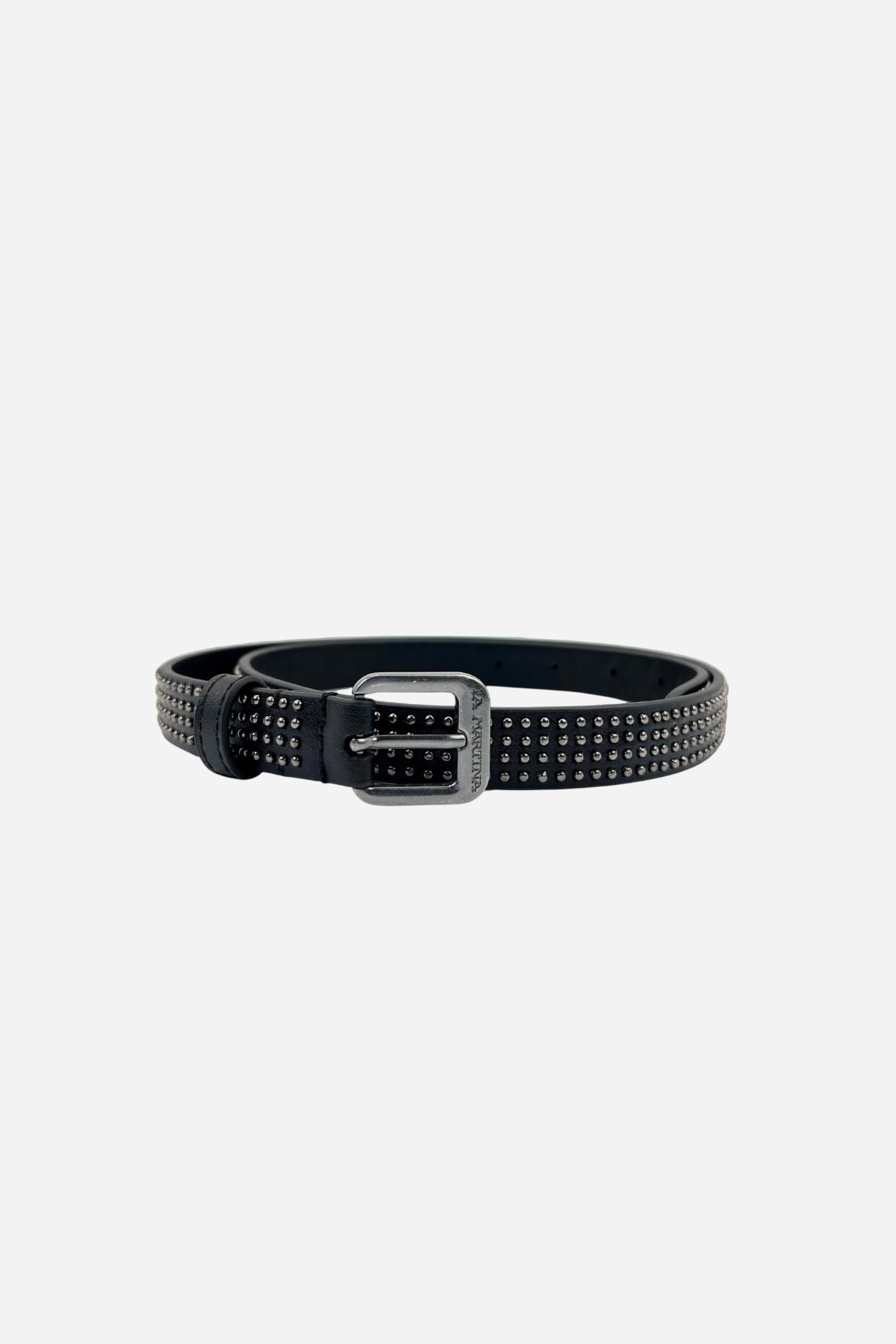 Soft calfskin leather belt with three rows of burnished micro metal studs for a subtle light-catching effect, finished with a square buckle featuring an engrave - Black