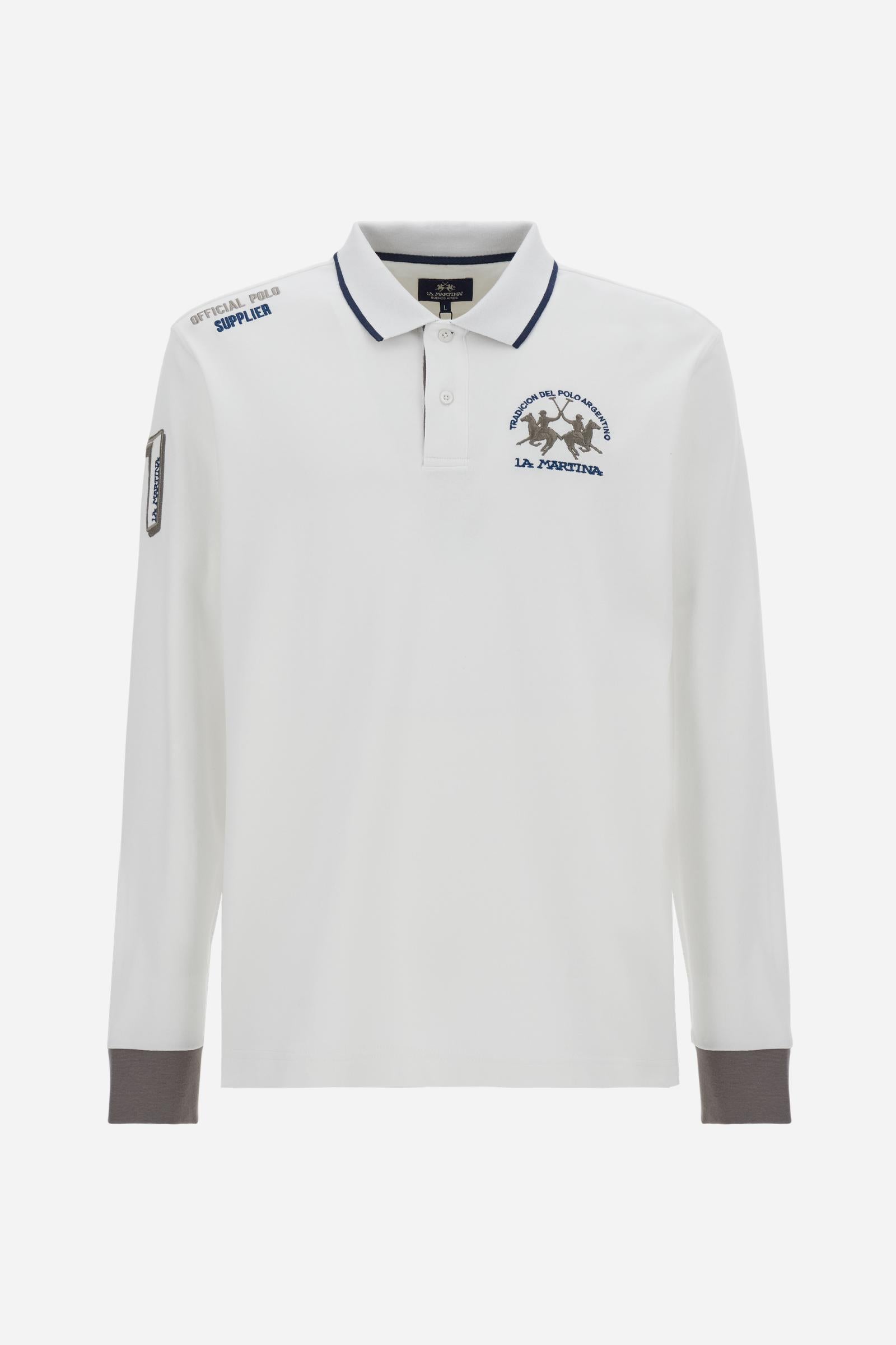 Men’s long-sleeve polo shirt in solid-colour cotton jersey with a warm, matte handfeel. Ribbed collar and cuffs with stripes and colour blocks in contrast, two personalised buttons and contrast details inside the collar. Patches and graphics on sleeves and chest celebrate the Official Polo Supplier team. The large multicolour logo is embroidered on the chest. Regular fit. The model wears size L. - Off White