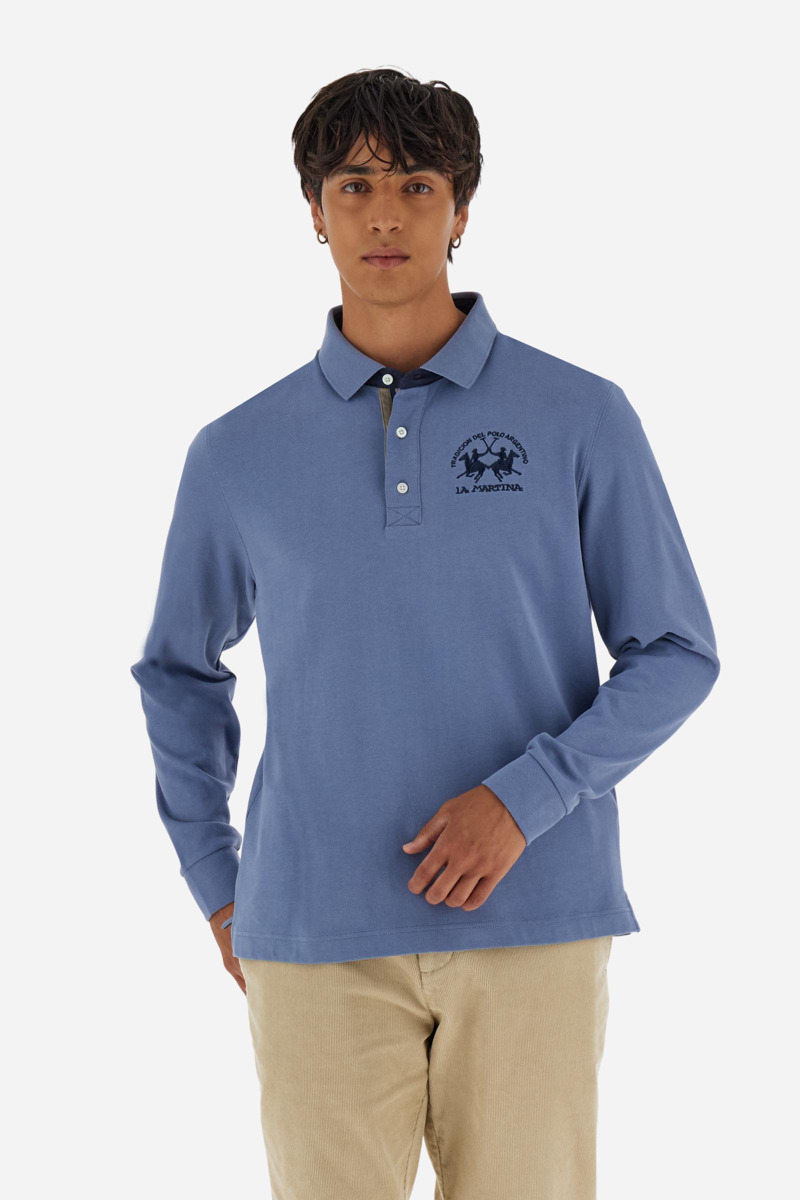 Men’s long-sleeve polo in premium soft-touch cotton jersey for a luxurious feel on the skin. Contrast gabardine details on the collar. Upper collar in tone-on-tone ribbing with printed La Martina lettering undercollar. Three customized buttons, enhanced by a multicolor striped tape on the placket. Contrast embroidered team logo on the chest. Regular fit. Model wears size L. - Flint Stone