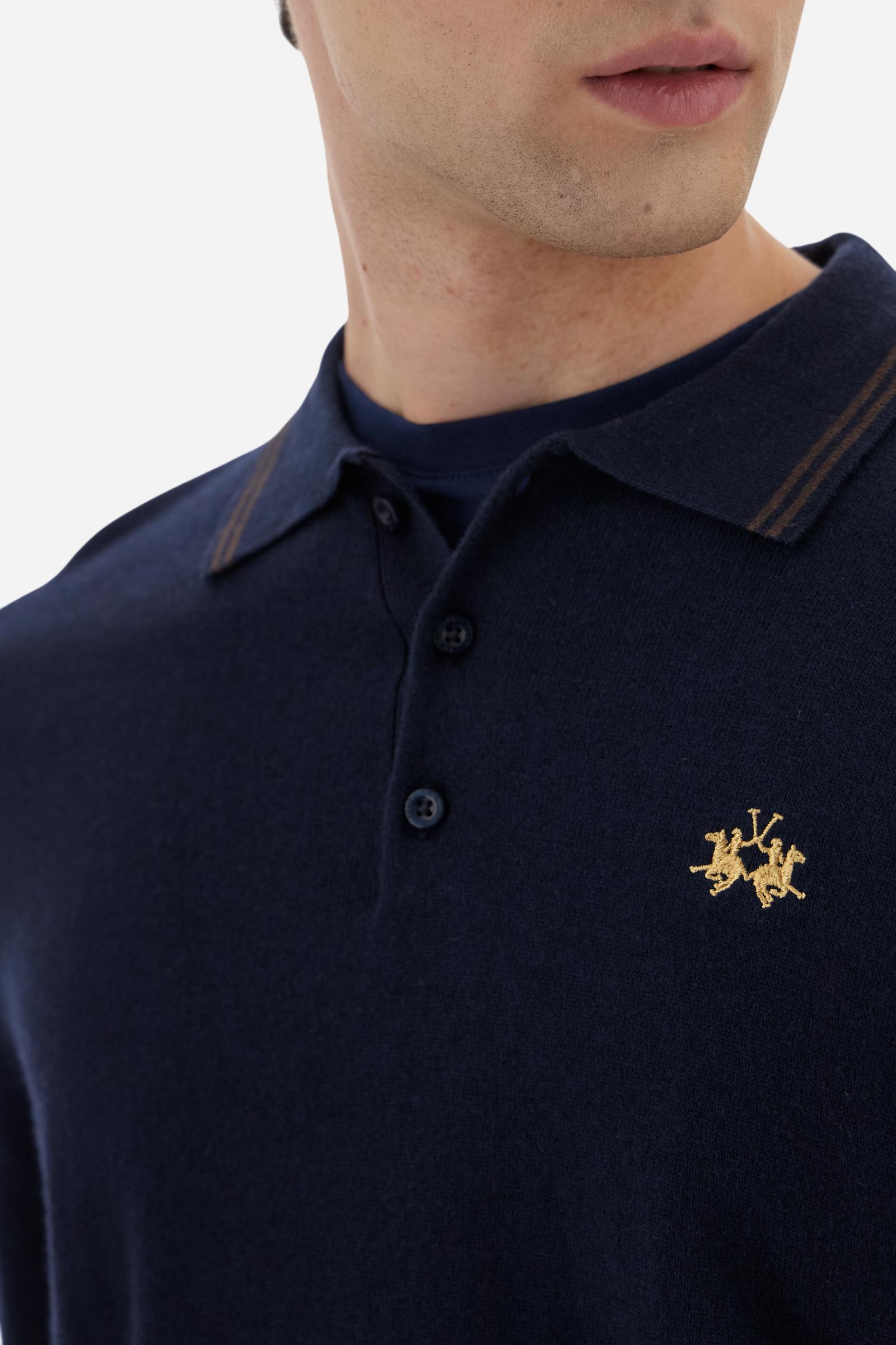 Men’s cotton and wool knit polo with small logo - Navy