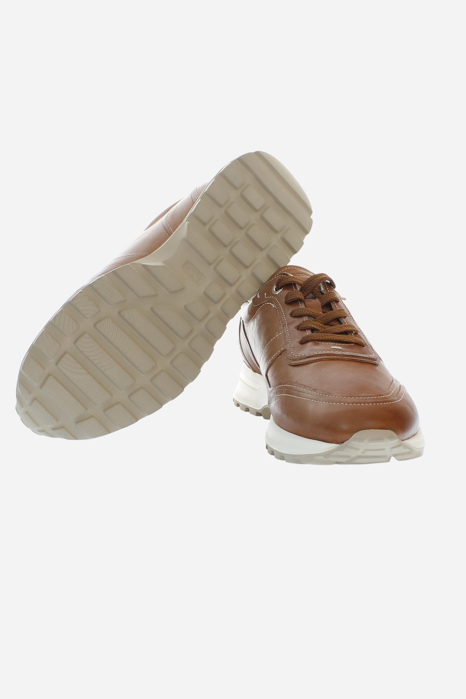 Leather sneakers in cowhide with embossed logos and EVA block sole for maximum comfort. - COGNAC