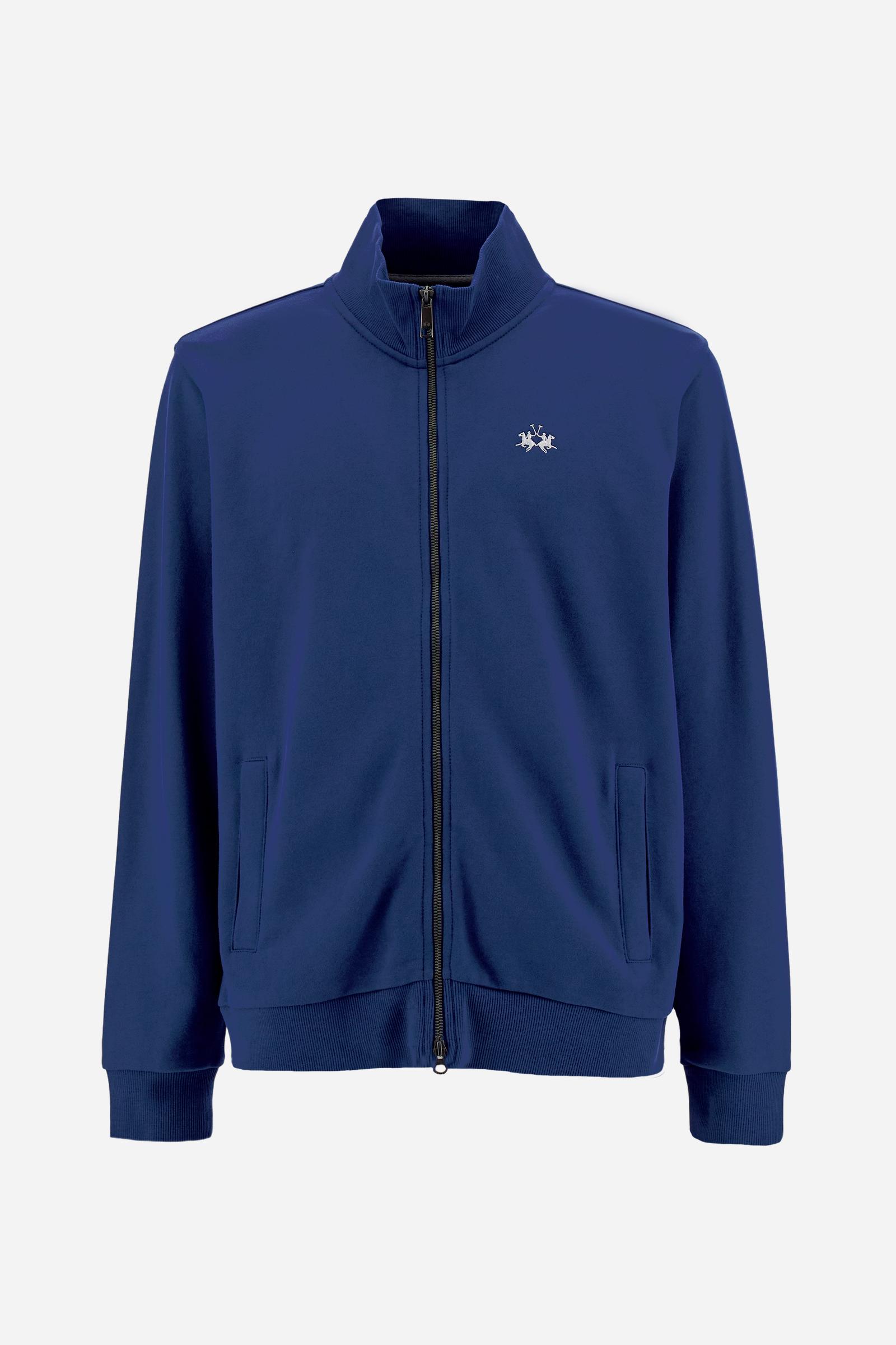 Men’s cotton French Terry sweatshirt with full zip, regular fit and ribbed details. Contrast embroidered brand logo. - Mazarine Blue