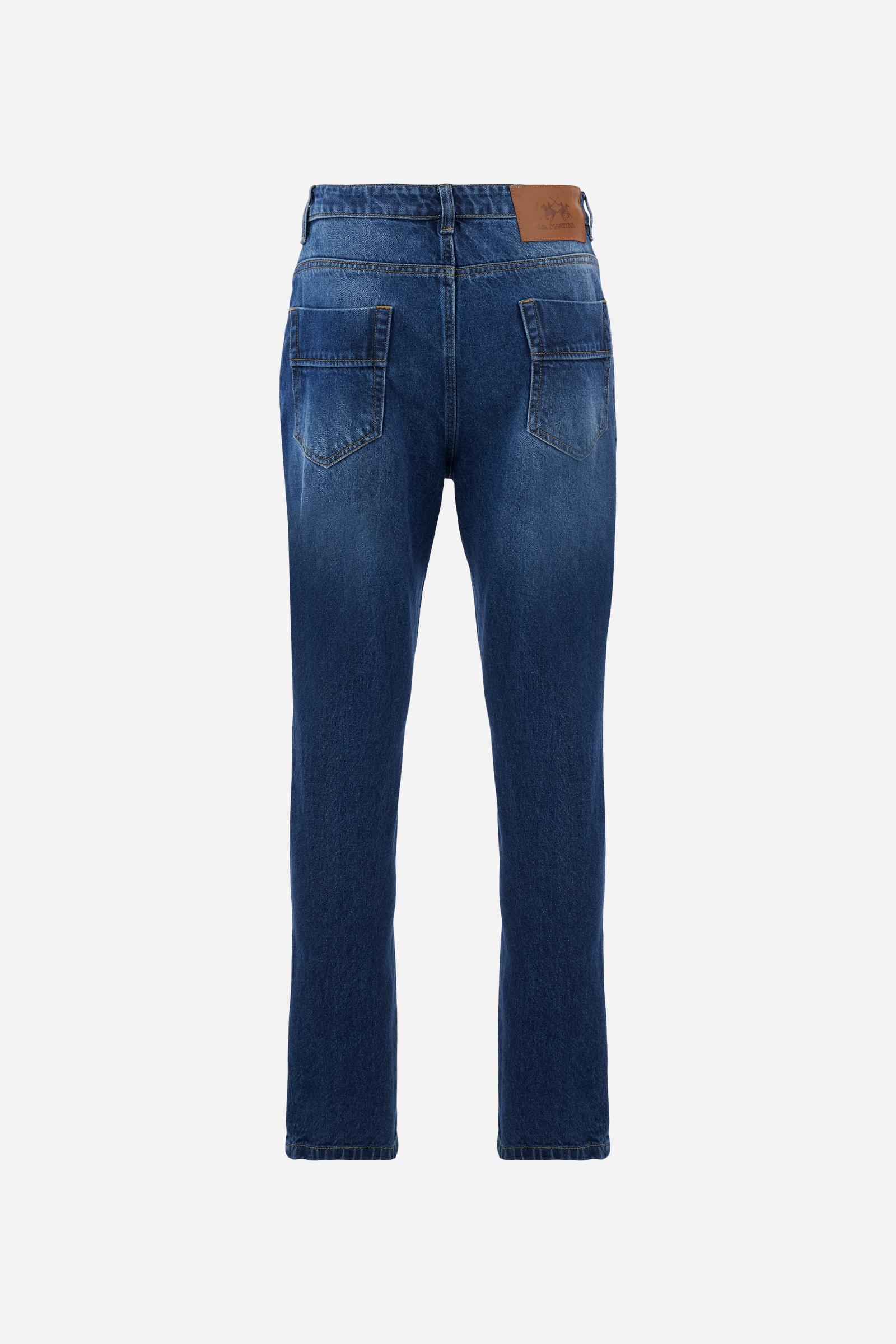 Five-pocket jeans in stretch cotton denim with branded rivets and button. Regular waist and slim leg. Embroidered logo on coin pocket and branded label on the back. - Dark Indigo Denim