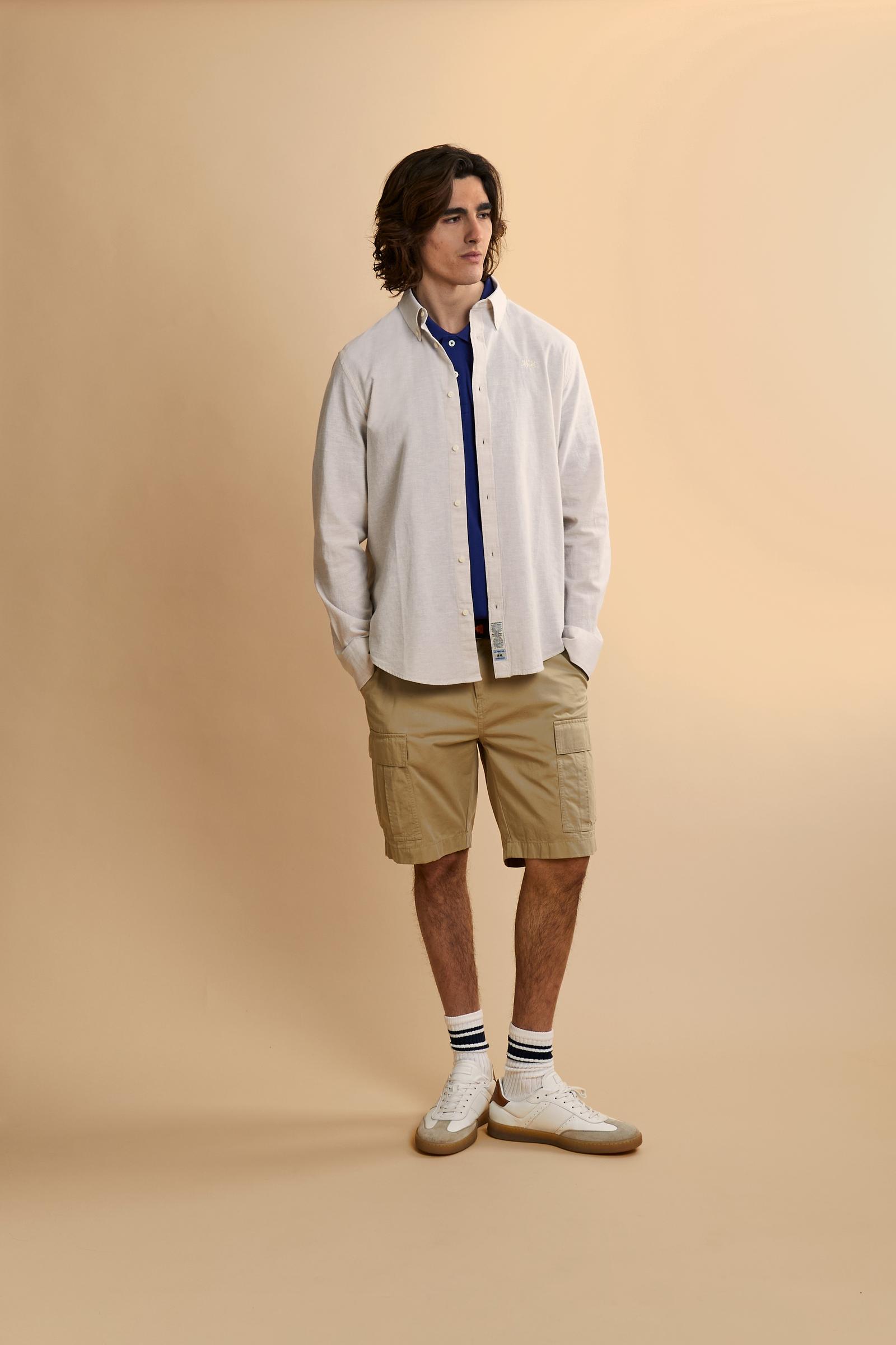 Men’s regular fit cotton and linen shirt with small logo - Rodolfo