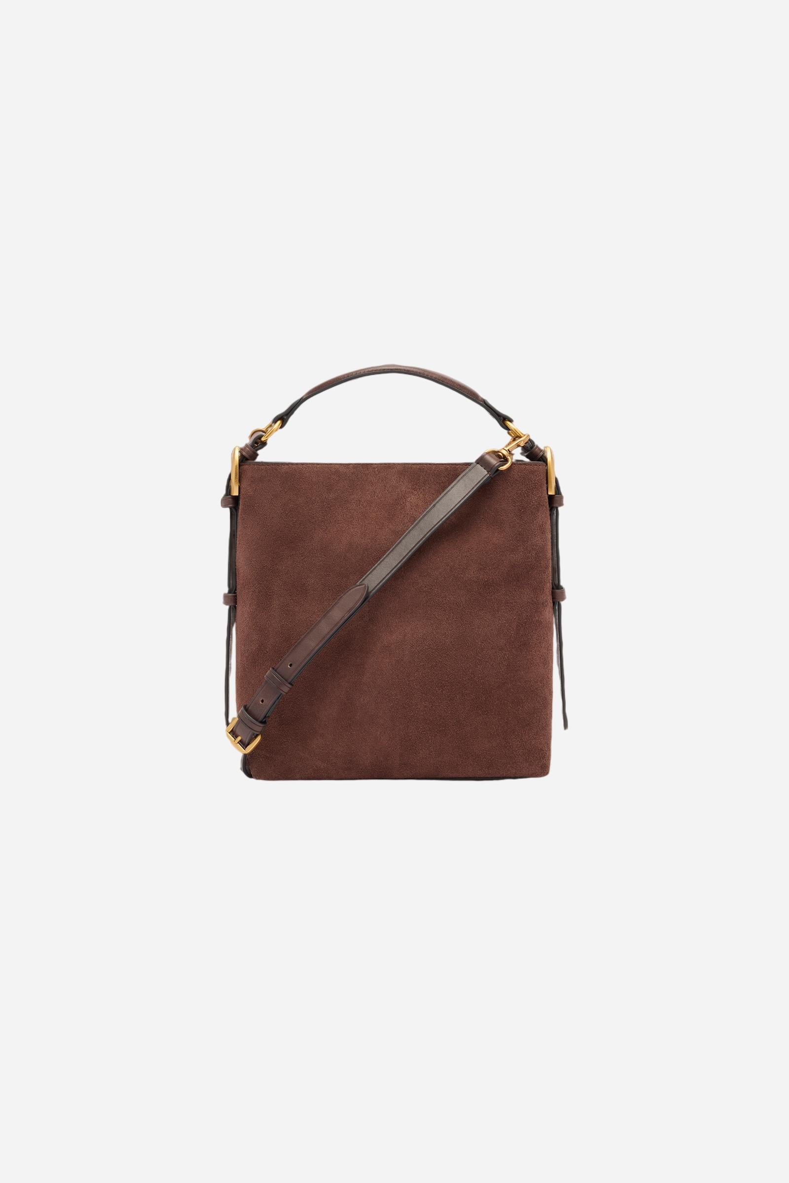 Compact rectangular suede tote bag with structured handle and leather strap. Finished with gold-tone metal accents. - D.BROWN/D.CHOCOLATE