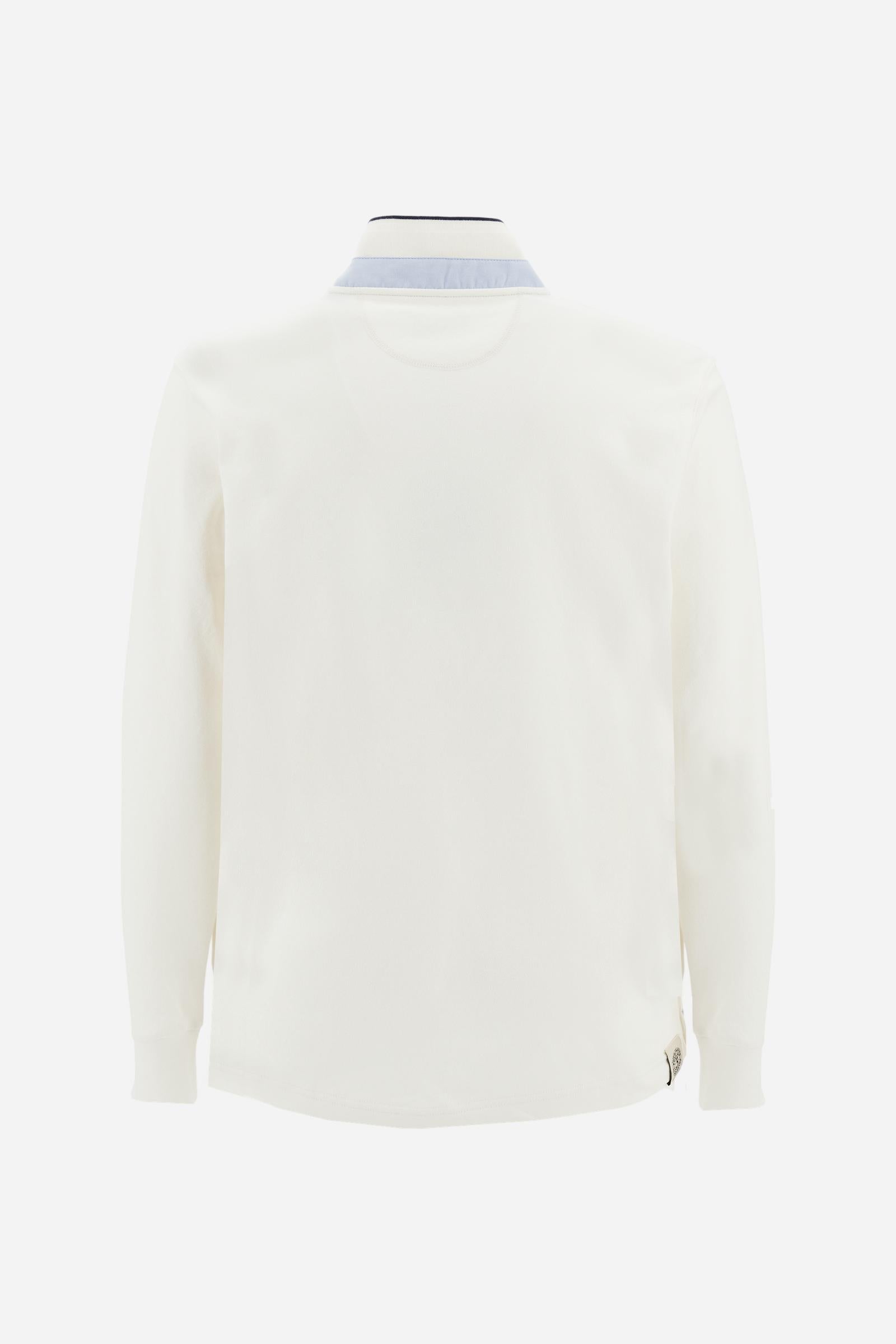 Men’s long-sleeve polo in stretch piqué. Ribbed collar and cuffs with striped contrast details. Regular fit with Polo Club graphic embroidered on the chest. - Pristine