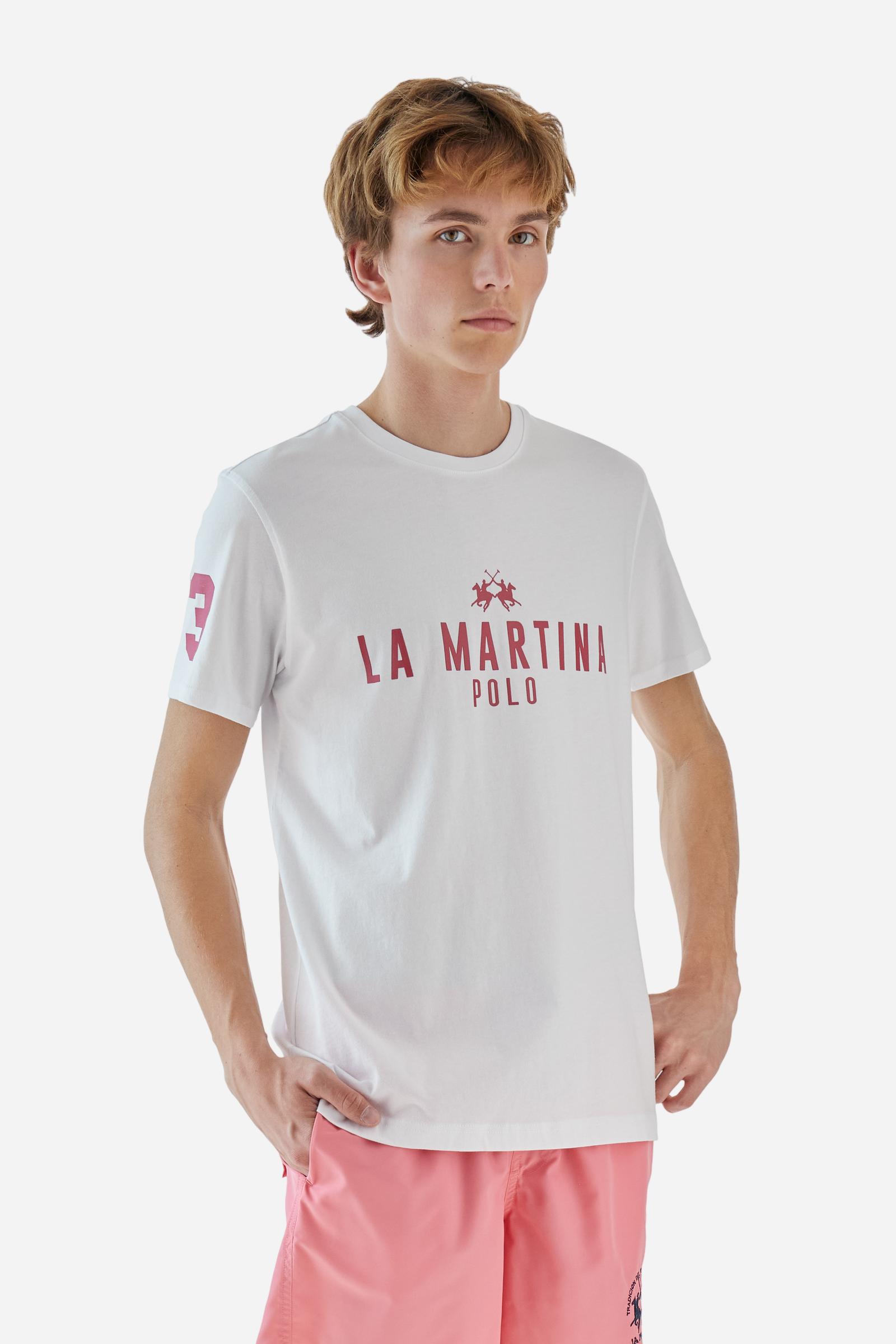 Men's single-colour crew-neck T-shirt with short sleeves, made of 100% cotton. The front features a printed logo and the lettering La Martina Polo. The number 3 is printed on one of the sleeves. Regular fit. The model is wearing a size L. - Opt.White/Honeysuckl
