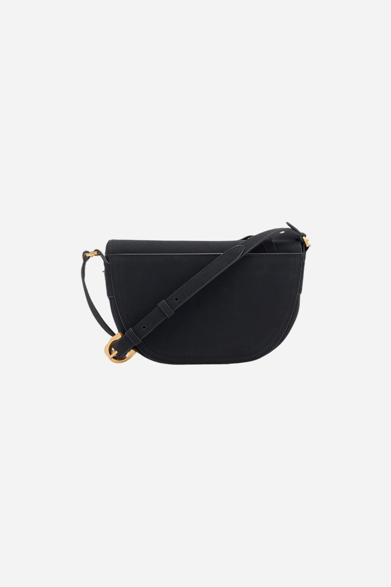Small crossbody bag in nubuck. Compact and velvety, with flap and golden metal logo buckle. - Black