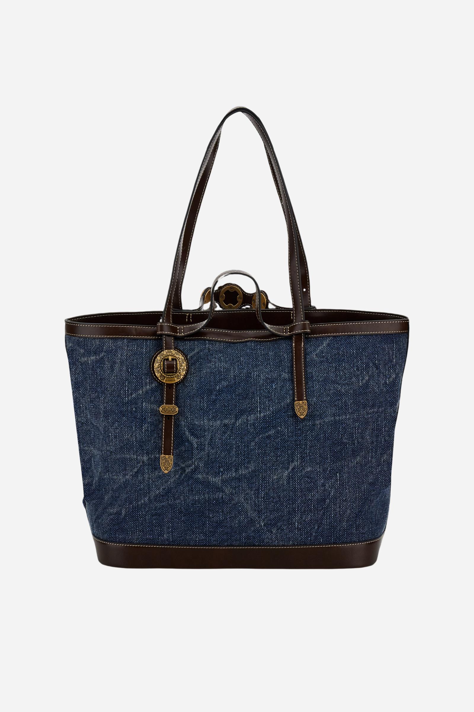 Shopping bag in linen-effect canvas with synthetic leather details and gold floral studs, roomy and elegant. - Riviera/Brown