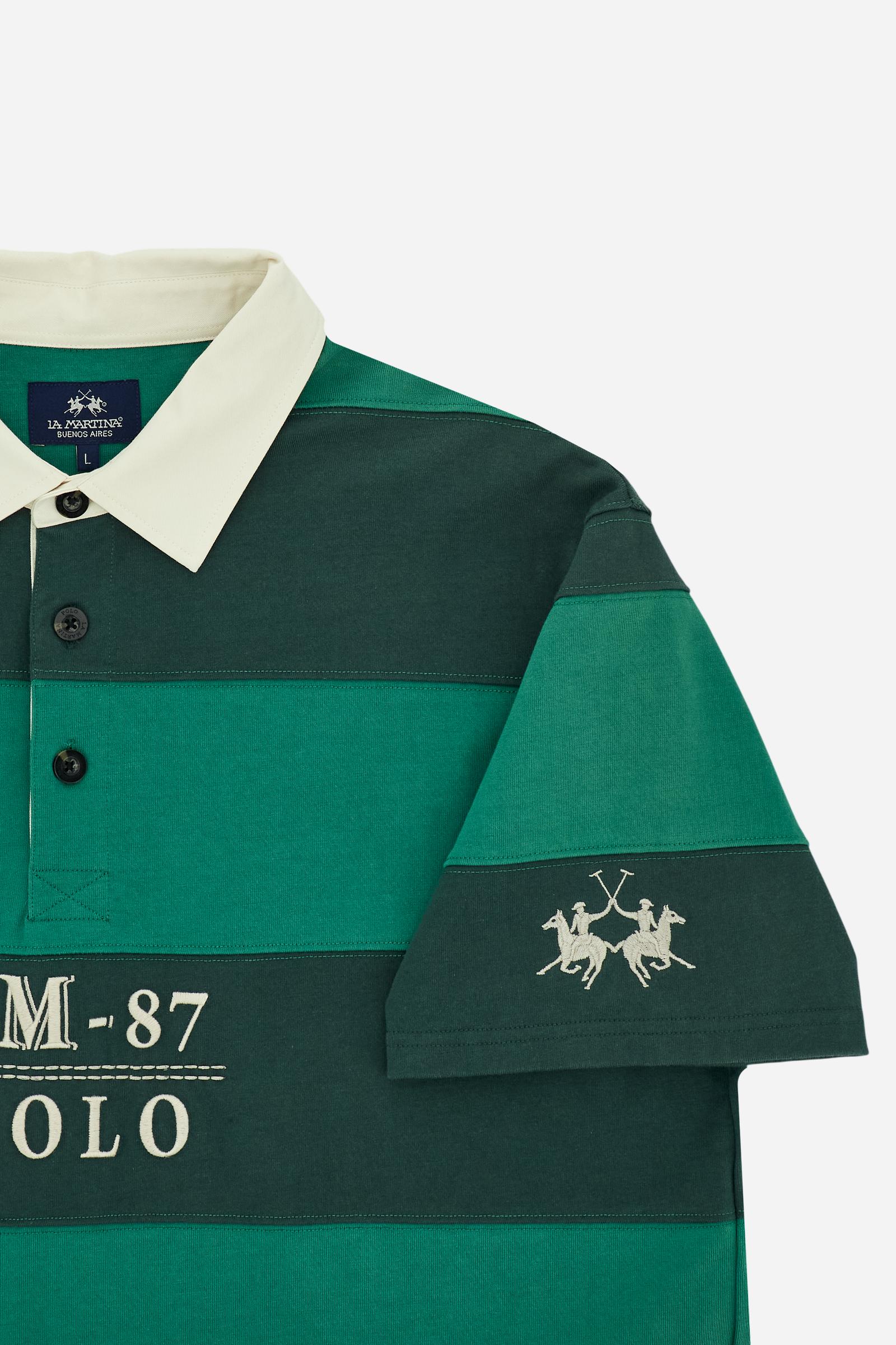 Men’s rugby polo in heavy cotton jersey with striped design and contemporary fit. Heritage embroidery on chest and sleeves. - Pineneedle/Amazon