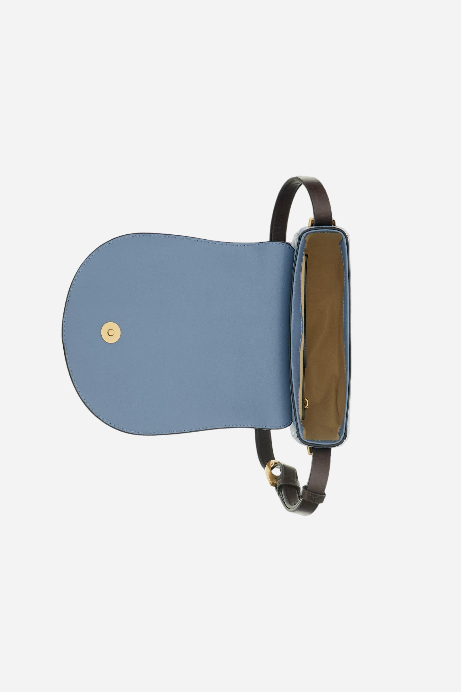 Small crossbody bag in calfskin leather and leather. Curved design with large golden buckle and contrasting details. - SKY/DARK CHOCOLATE