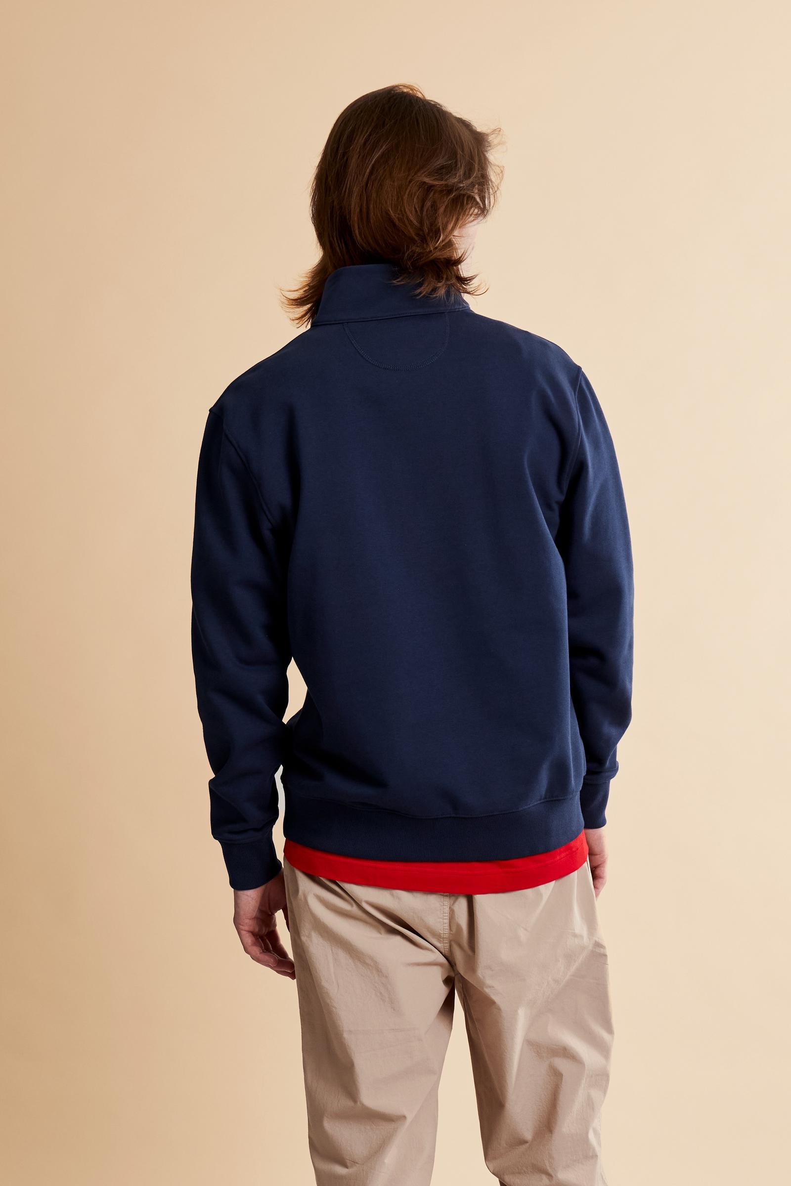 Men’s French Terry sweatshirt with half zip at the neck, regular fit, ribbed details and embroidered logo on the chest. - Navy