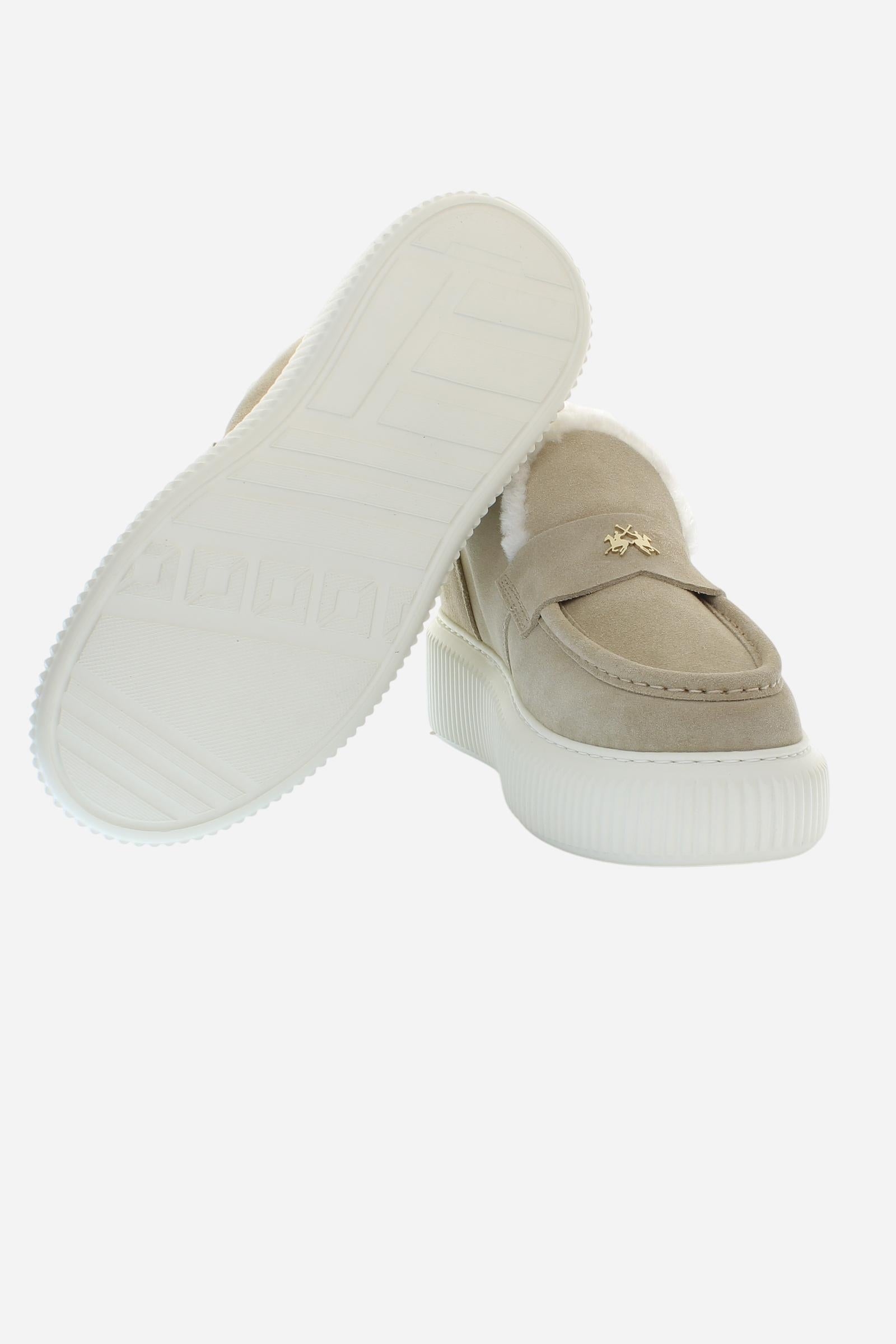 Women's sporty loafers in soft suede with metallic logos and sheepskin lining. Lightweight box soles for everyday comfort and elegance. - BEIGE