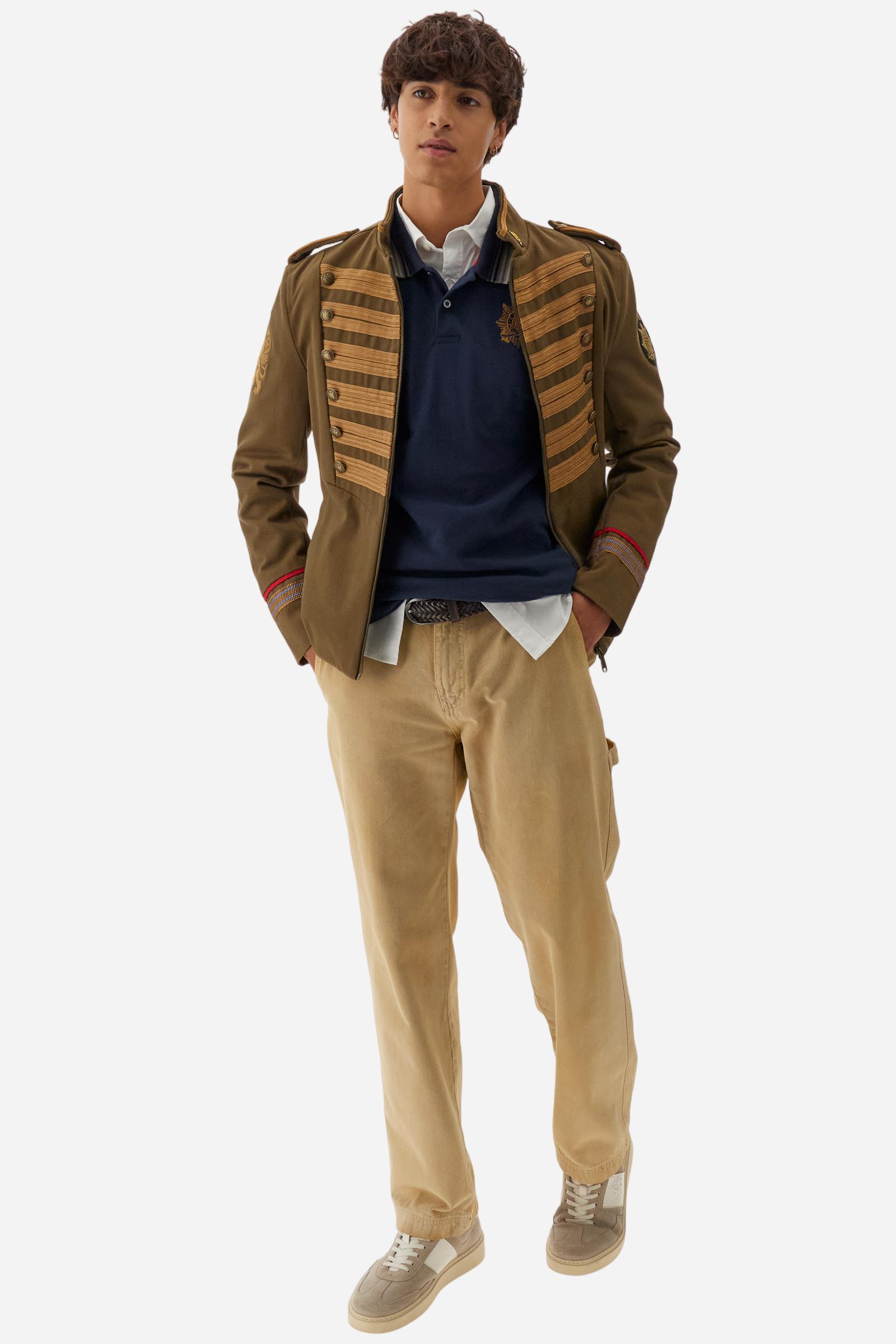 Men’s long-sleeve polo in warm cotton jersey, regular fit with ribbed striped collar, institutional model from the Guards capsule. - Navy