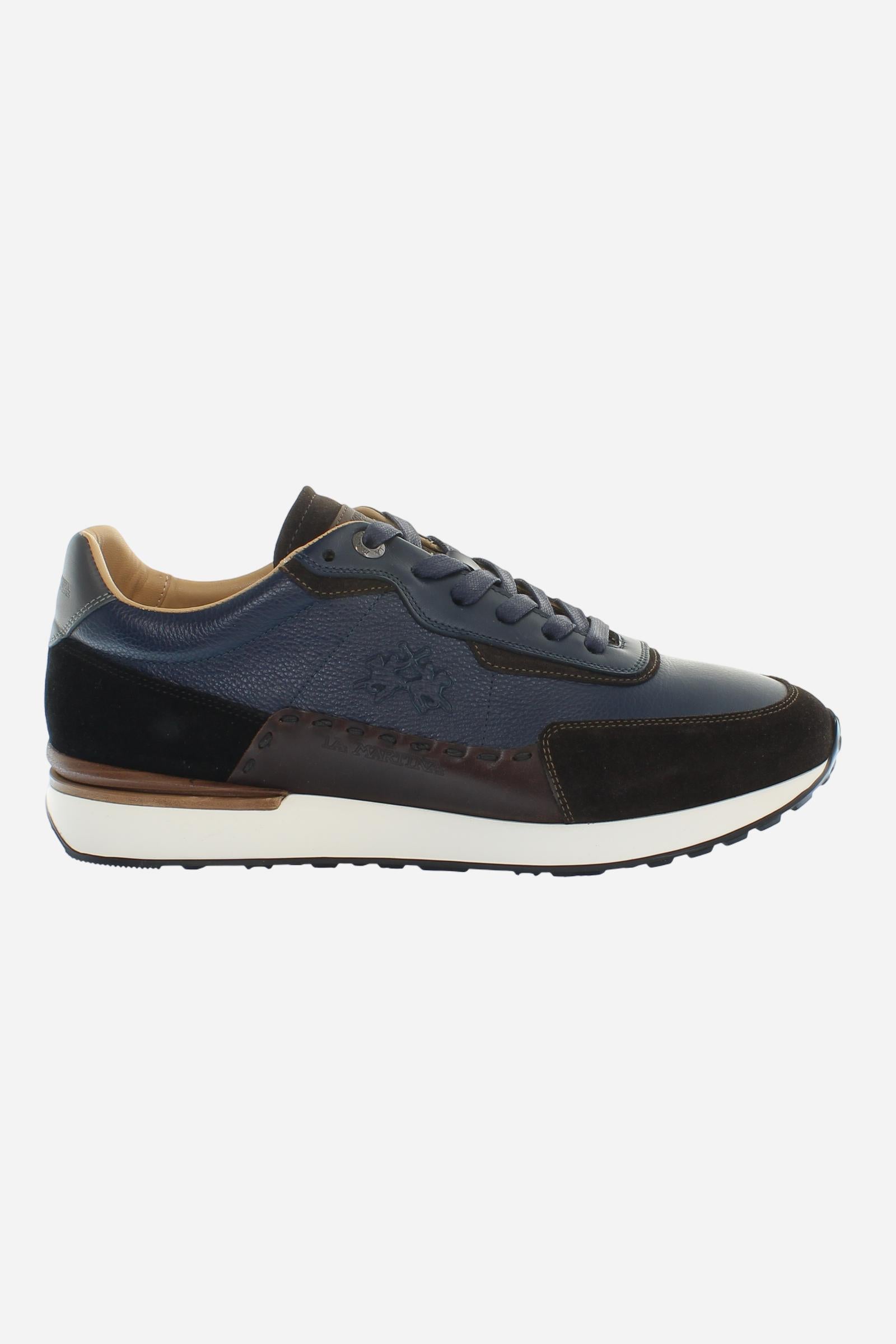 Sporty and elegant trainers in leather and suede, with ultralight technical soles in XL Extralight EVA. Perfect for anyone in search of comfort, performance and handcrafted details. - DARK BROWN/BLUE