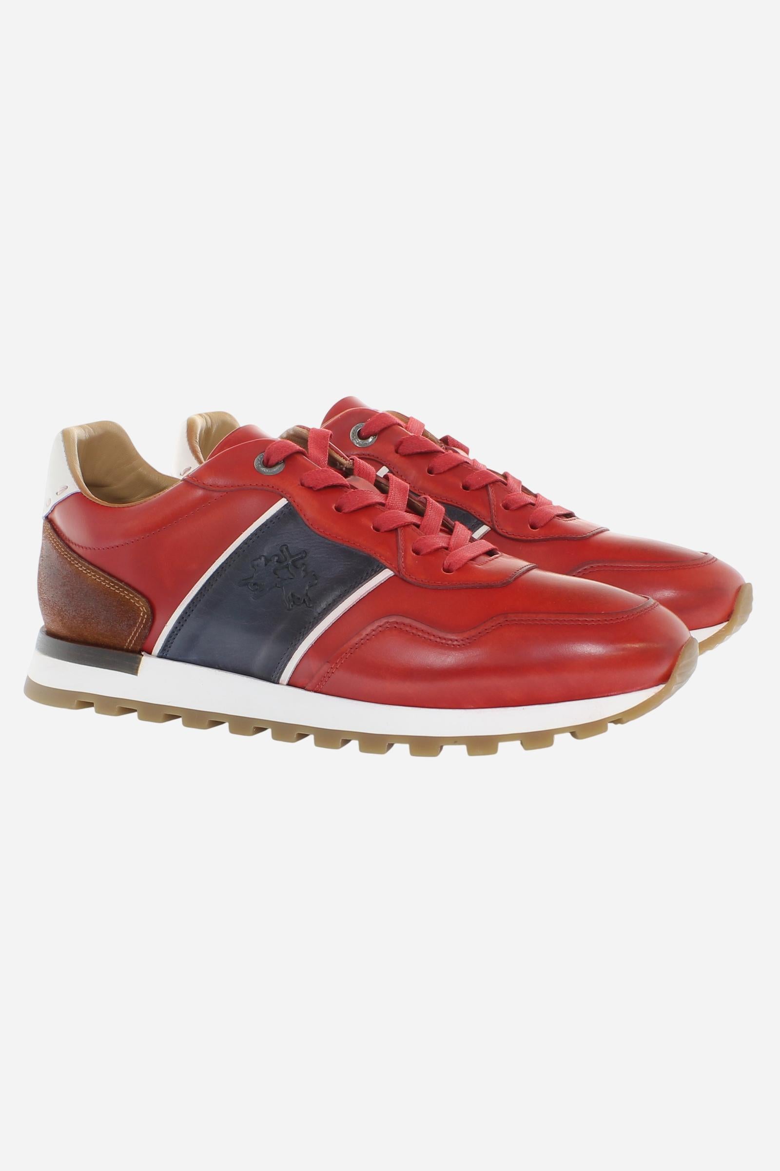 Handcrafted sneakers in calfskin and vegetable-tanned leather, hand-aged. Iconic hot-branded details and a technical sole with leather heel for superior stability. - Red