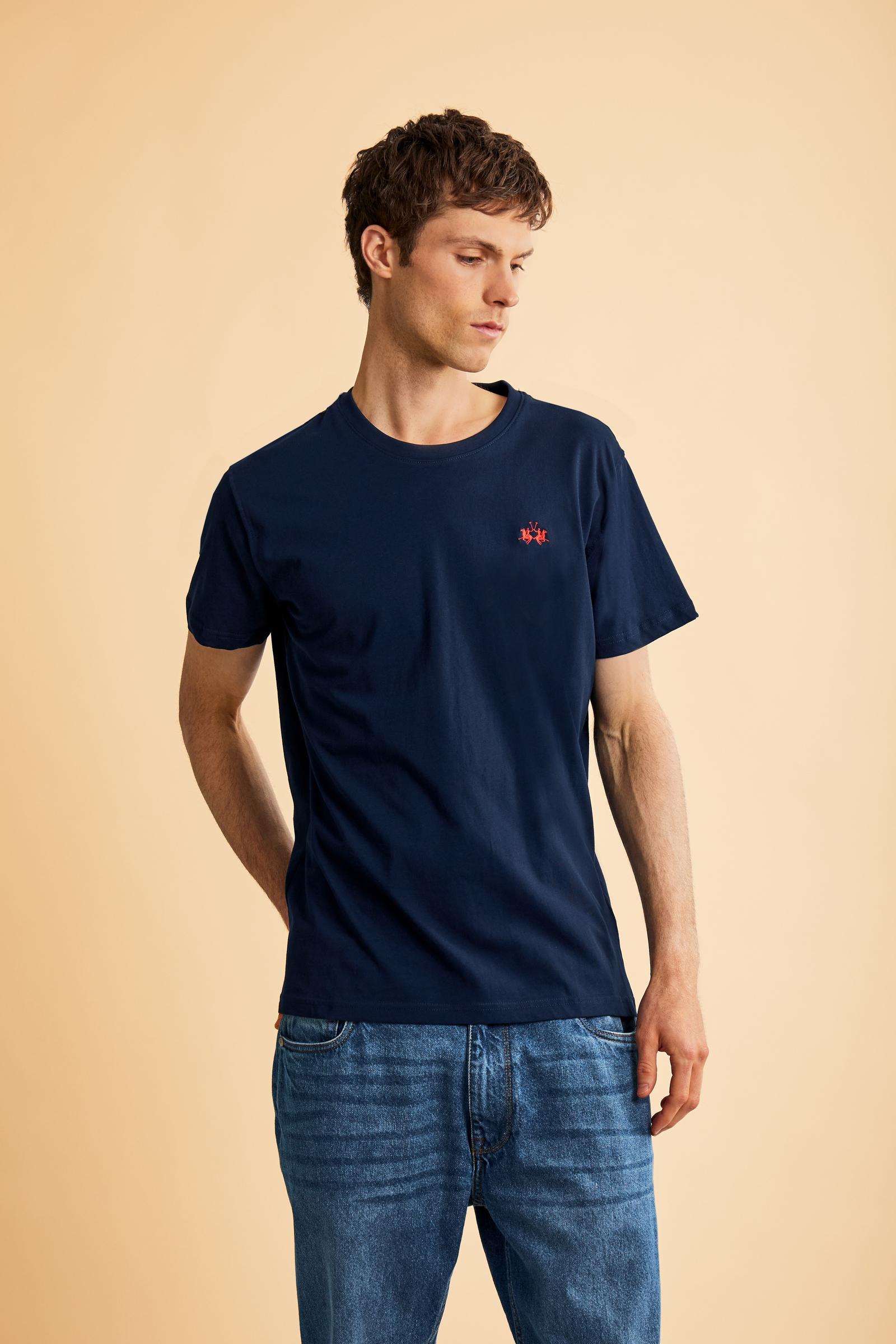 Men's short-sleeved crew-neck T-shirt in solid color with embroidered logo. Made of 100% cotton, perfect for a casual and trendy look with shorts or trousers. - Navy