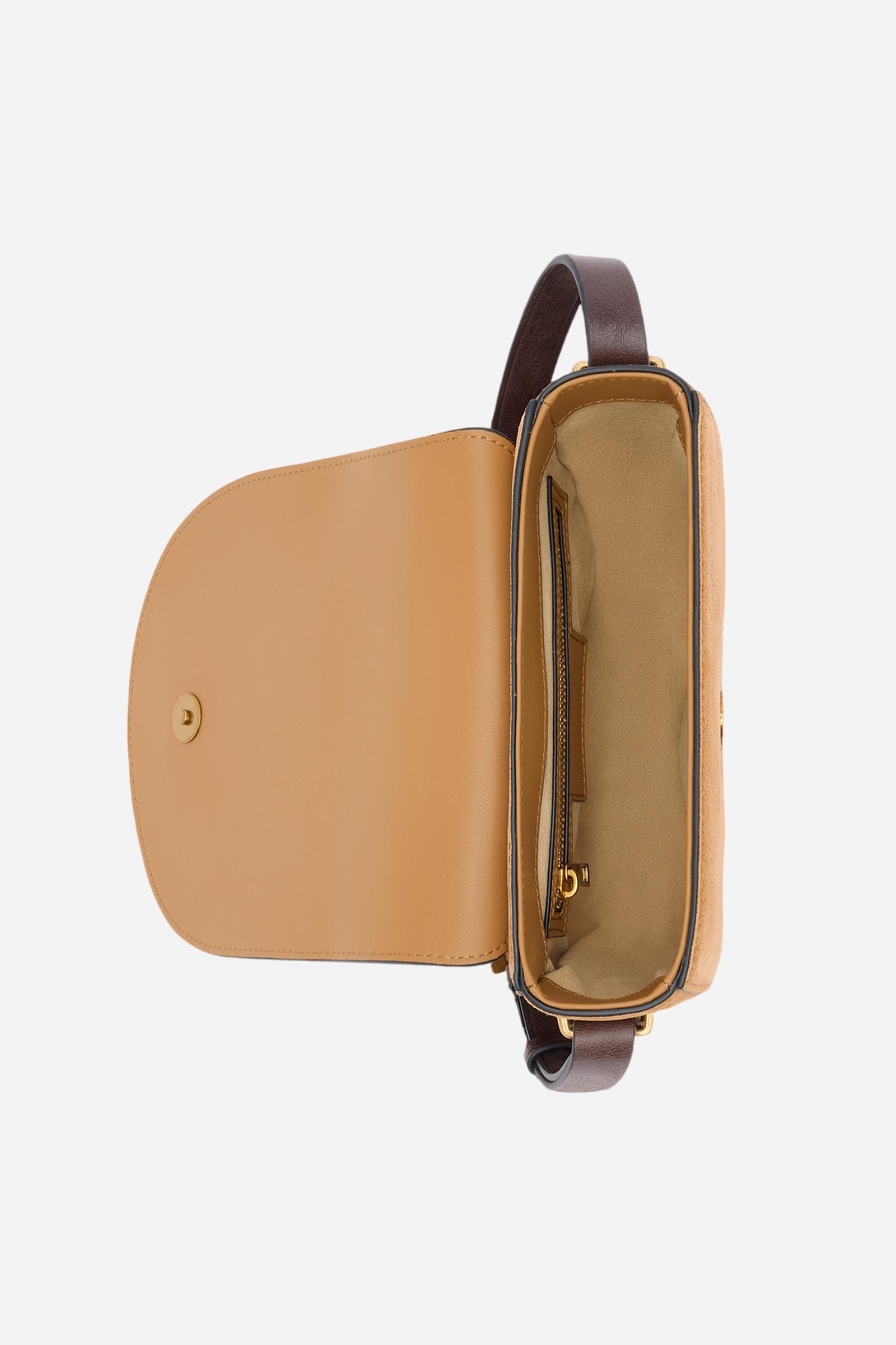 Crossbody bag in suede with curved design. With front flap, large golden buckle and contrasting leather details. - HONEY/DARK CHOCOLATE