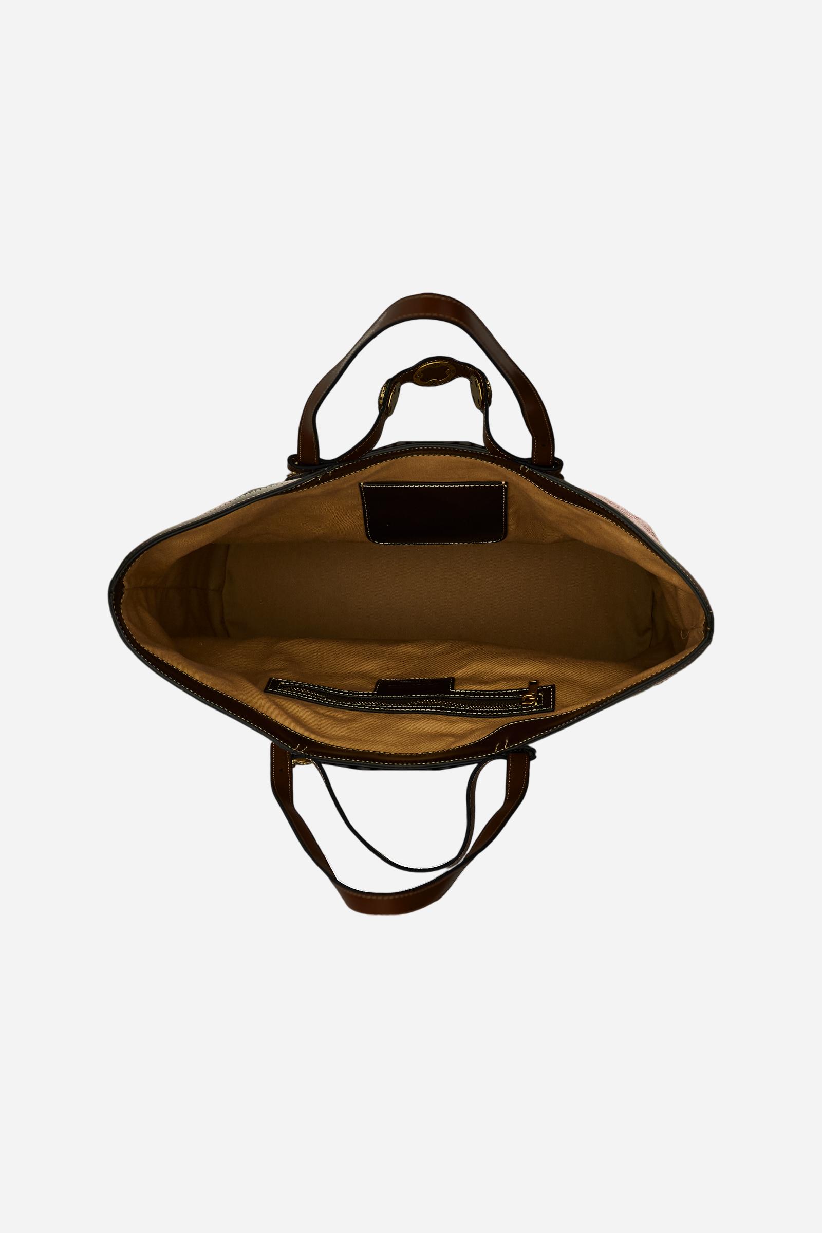 Shopping bag in linen-effect canvas with synthetic leather details and gold floral studs, roomy and elegant. - Rose/Brown