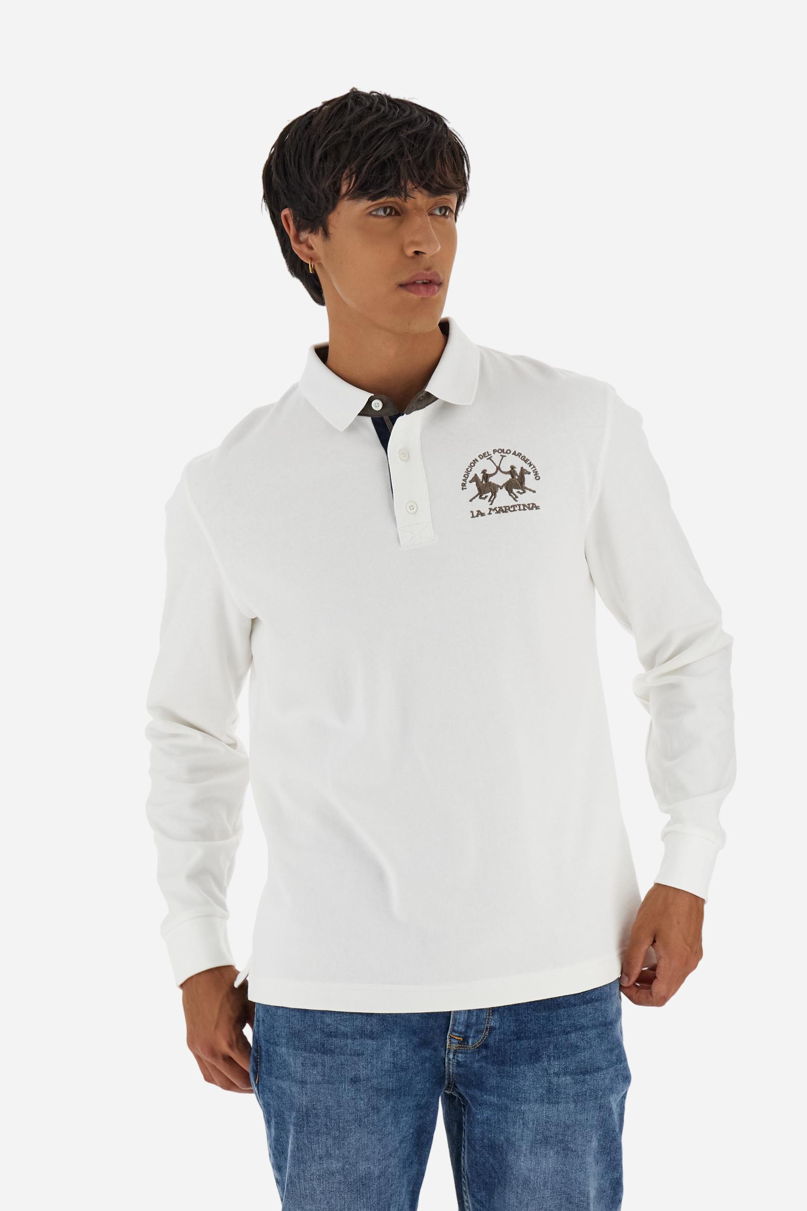 Men’s long-sleeve polo in premium soft-touch cotton jersey for a luxurious feel on the skin. Contrast gabardine details on the collar. Upper collar in tone-on-tone ribbing with printed La Martina lettering undercollar. Three customized buttons, enhanced by a multicolor striped tape on the placket. Contrast embroidered team logo on the chest. Regular fit. Model wears size L. - Off White